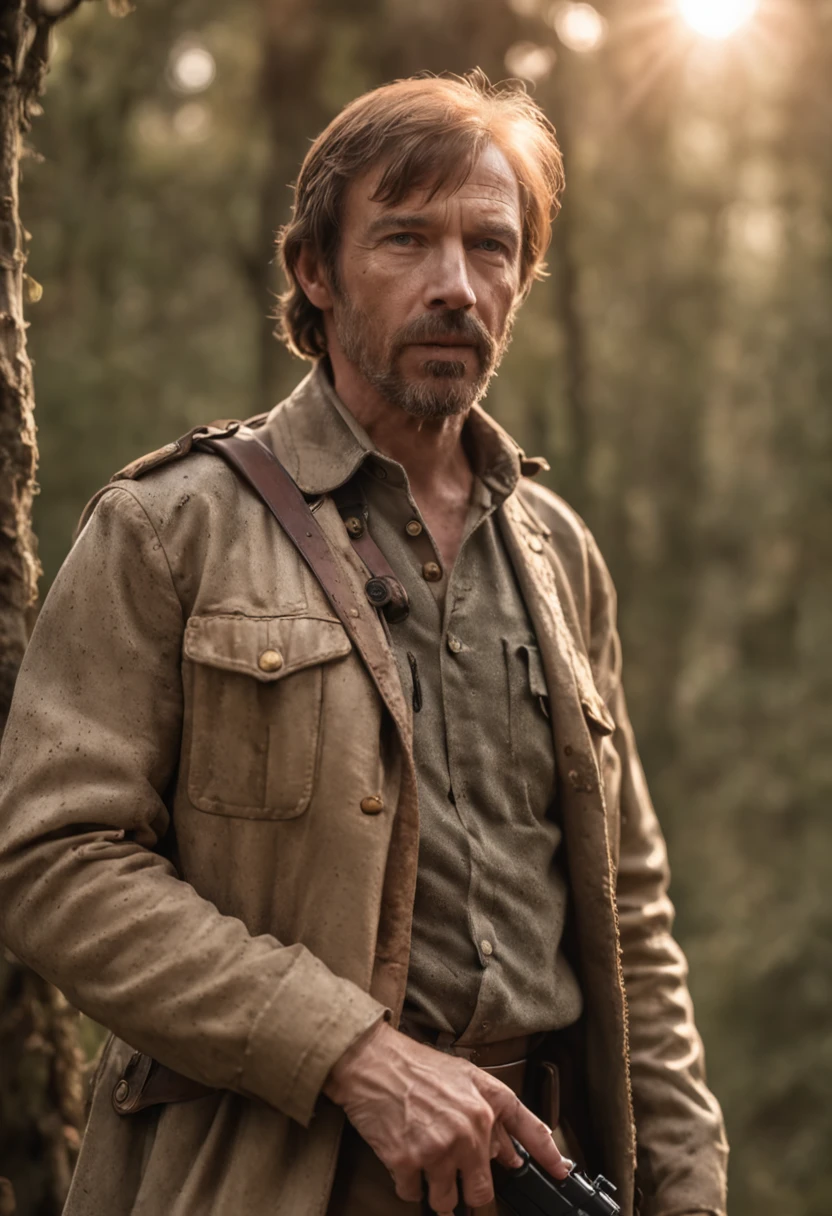 Romanticism style realistic portrait,close-up Chuck Norris soldier_outfit, cool dry vintage colors, hd, UHD, intricate details, sunset, amazon jungle, dry trees, puddles of water reflecting sunbeam, Photoshop_corretions_details, greg rutkowski, cinematic shading , low_key, award-winning art, best quality