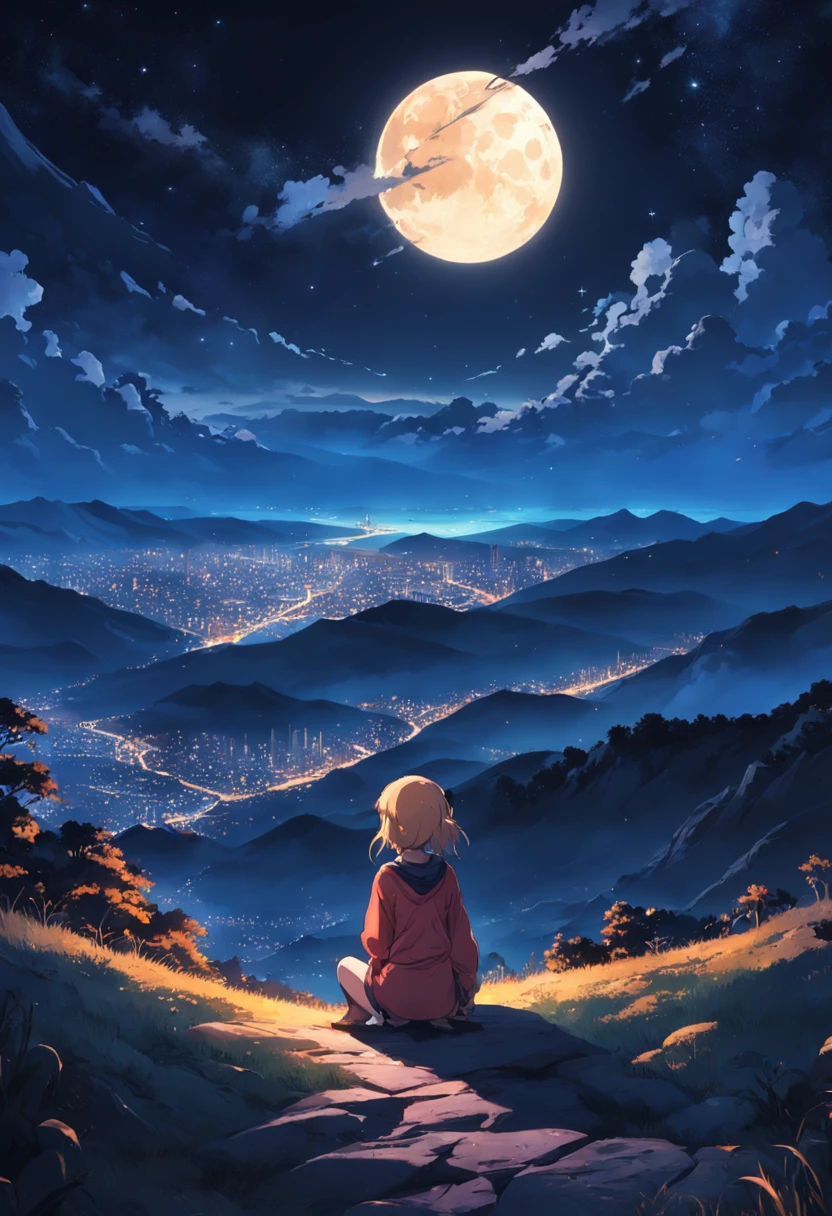 On the top of the mountain at night，The girl crouched on the ground looking at the night sky in the distance