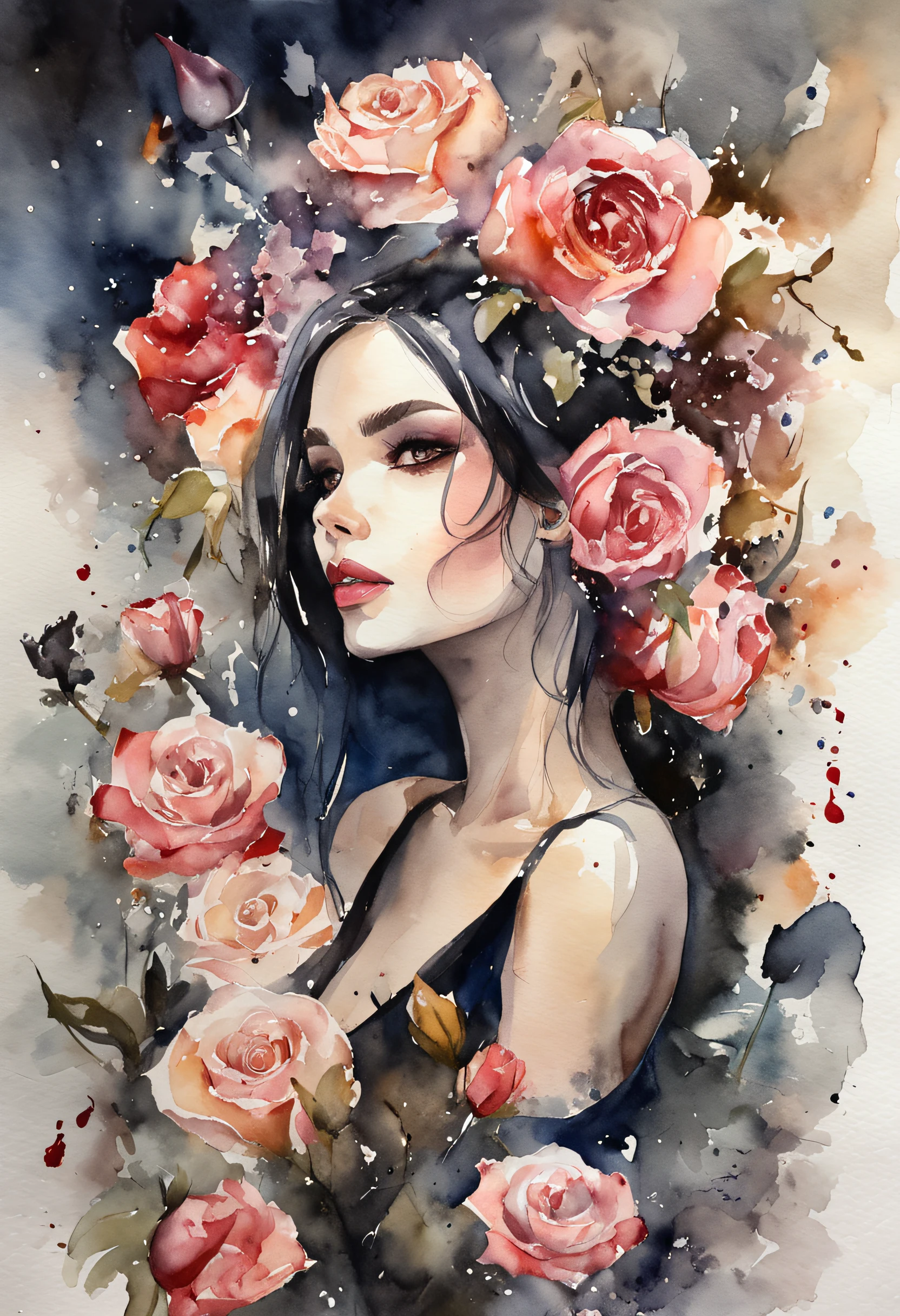 Dark Queen, in black suit dress, dark roses, Luxurious