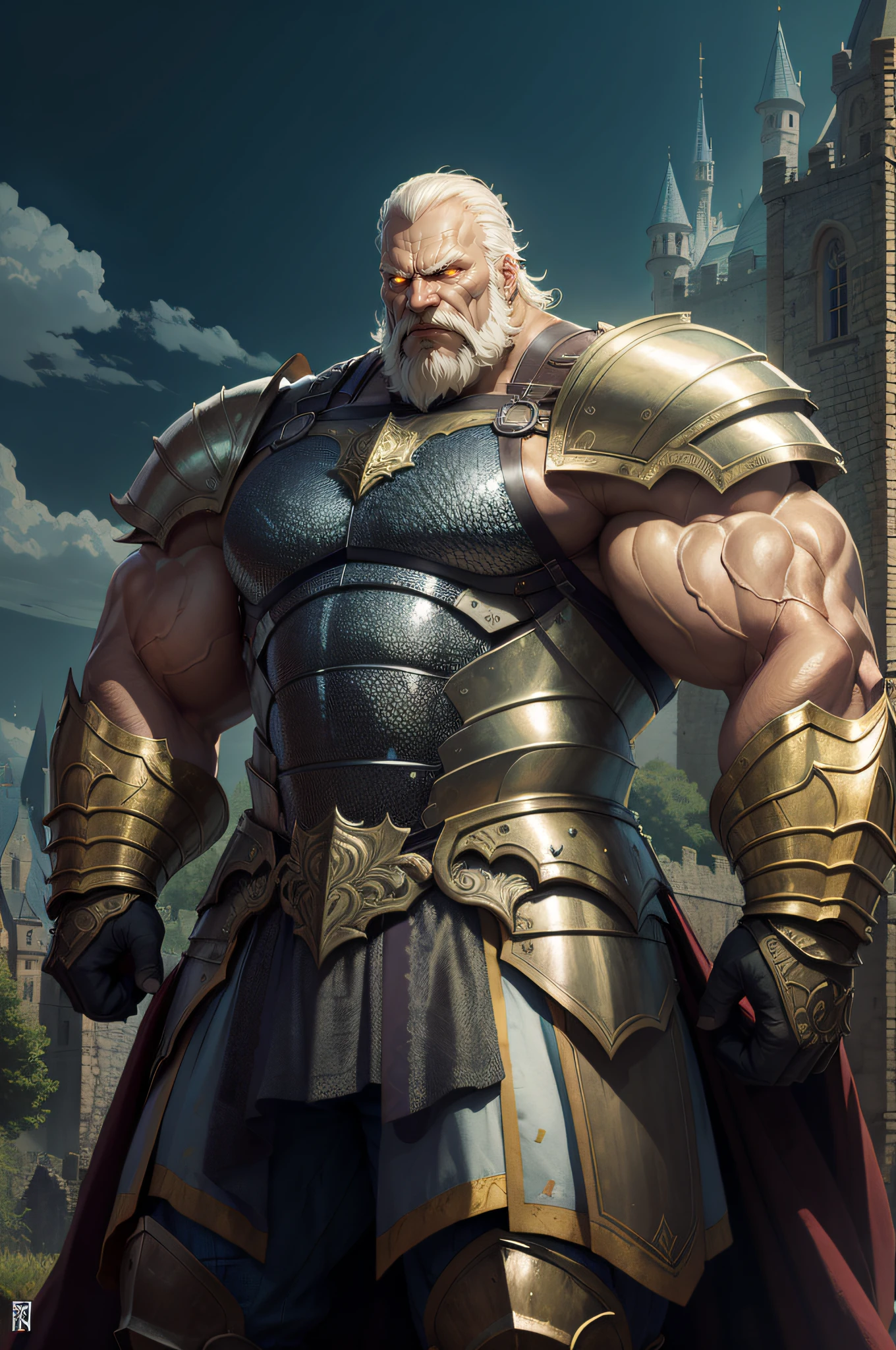 old man knight, armored, castle background, muscular, wearing armor, angry face, sharp eyes, gaze