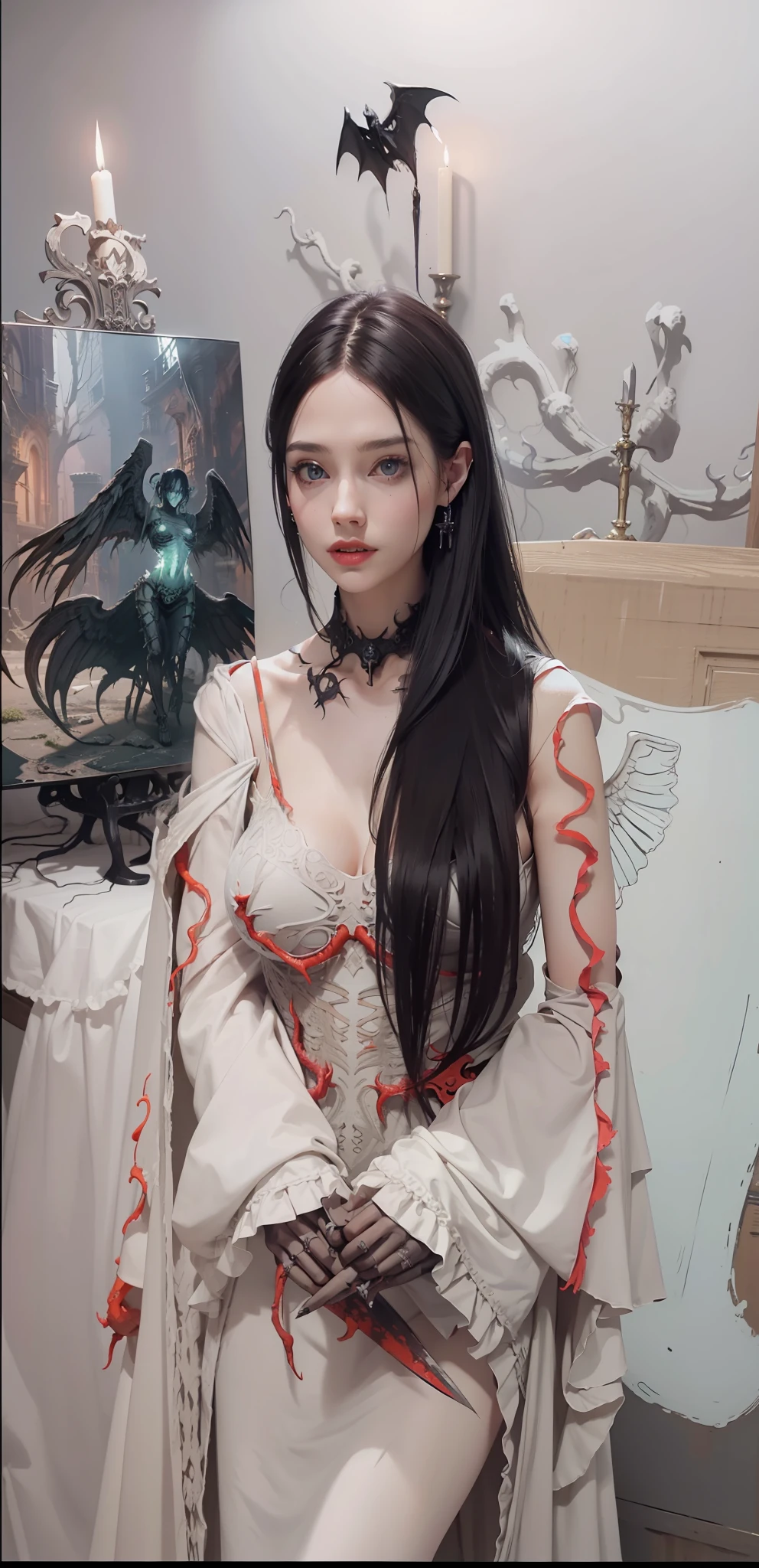 Fine matte painting, skeleton dark angel big wings haunted castle on drawing table full of knives, horror, spookiness, scary, secret horror, tentacles, vines, eyes, uncanny valley effect teeth, limbs, animals, blood moon,