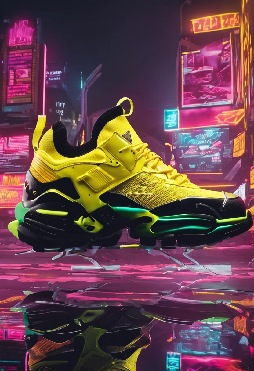 "(Product photography:1.2) featuring a (1.1x vibrant yellow) single sneaker with a (1.1x sleek cyberpunk) style."