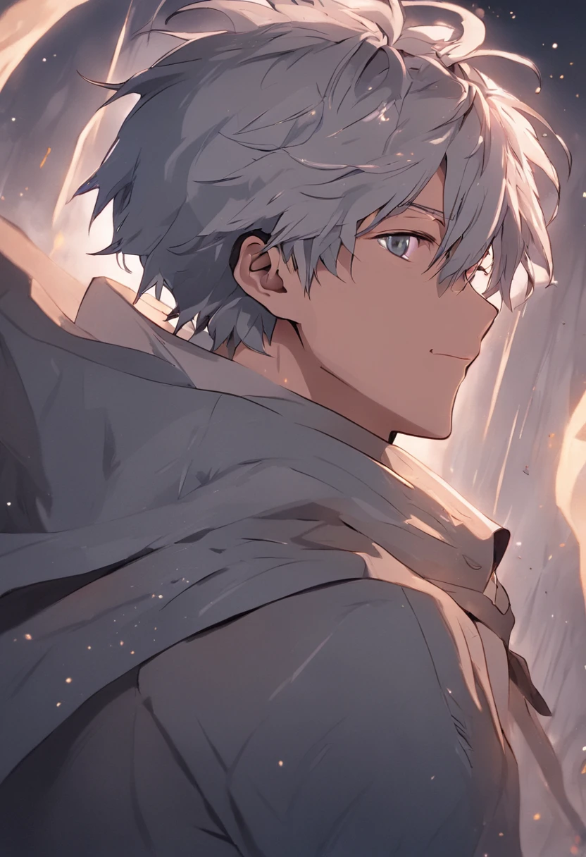 Strong muscles、Mature male、Short silver-gray hair、Pale golden pupils、Height 1.88 meters、Slightly chubby、The face is resolute、Gentle demeanor、Honest、35-year-old mature uncle with strong physique and blue and black stubble