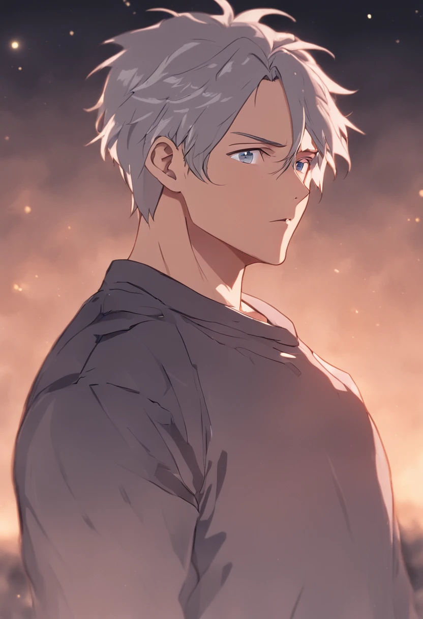 Strong muscles、Mature male、Short silver-gray hair、Pale golden pupils、Height 1.88 meters、Slightly chubby、The face is resolute、Gentle demeanor、Honest、35-year-old mature uncle with strong physique and blue and black stubble