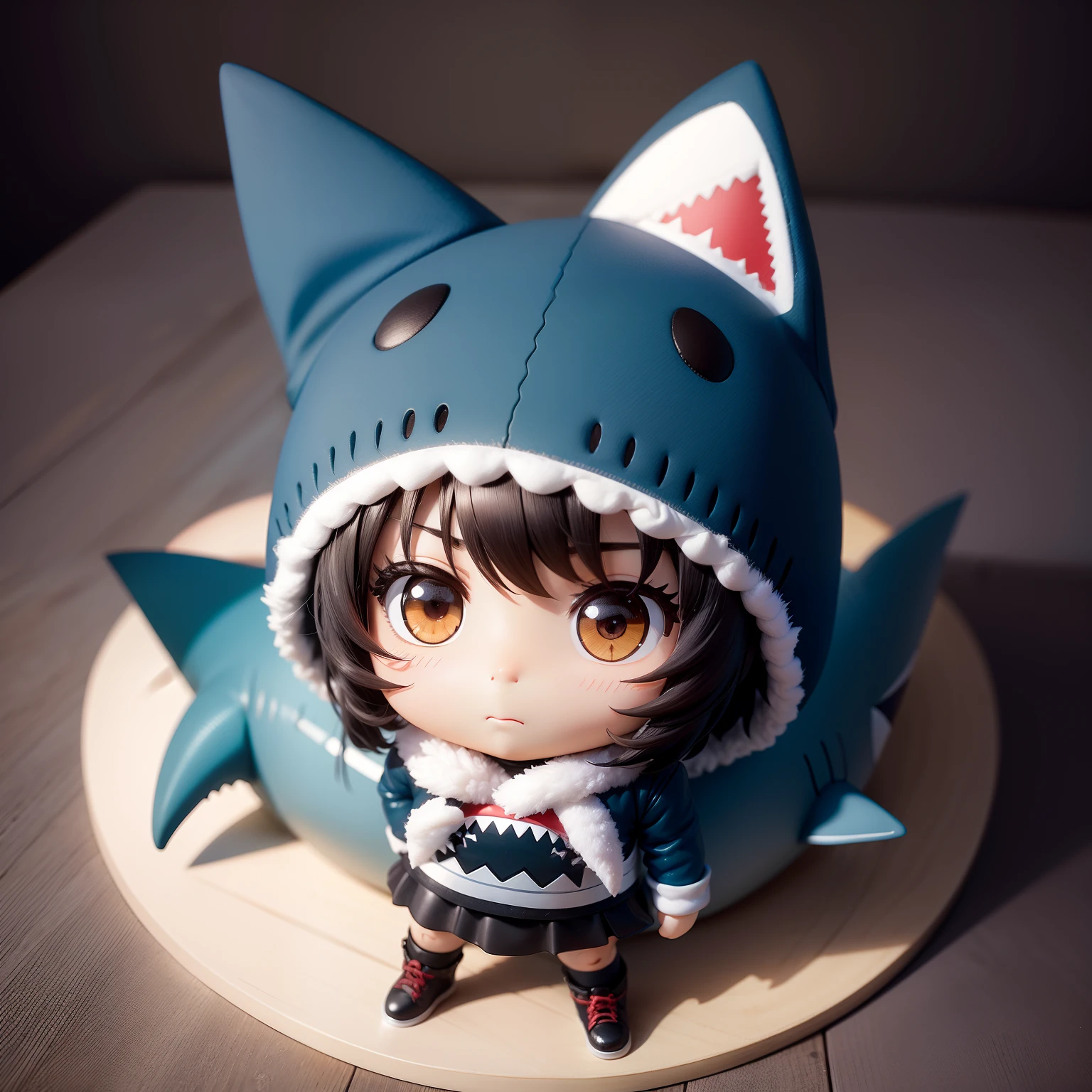 hightquality,Masterpiece, Chibi, nendoroid, Mega Mini, Shark hat, Shark hat has no ears, Shark tail, Shark costume, A dark-haired, Hairstyle Bob, Metal,