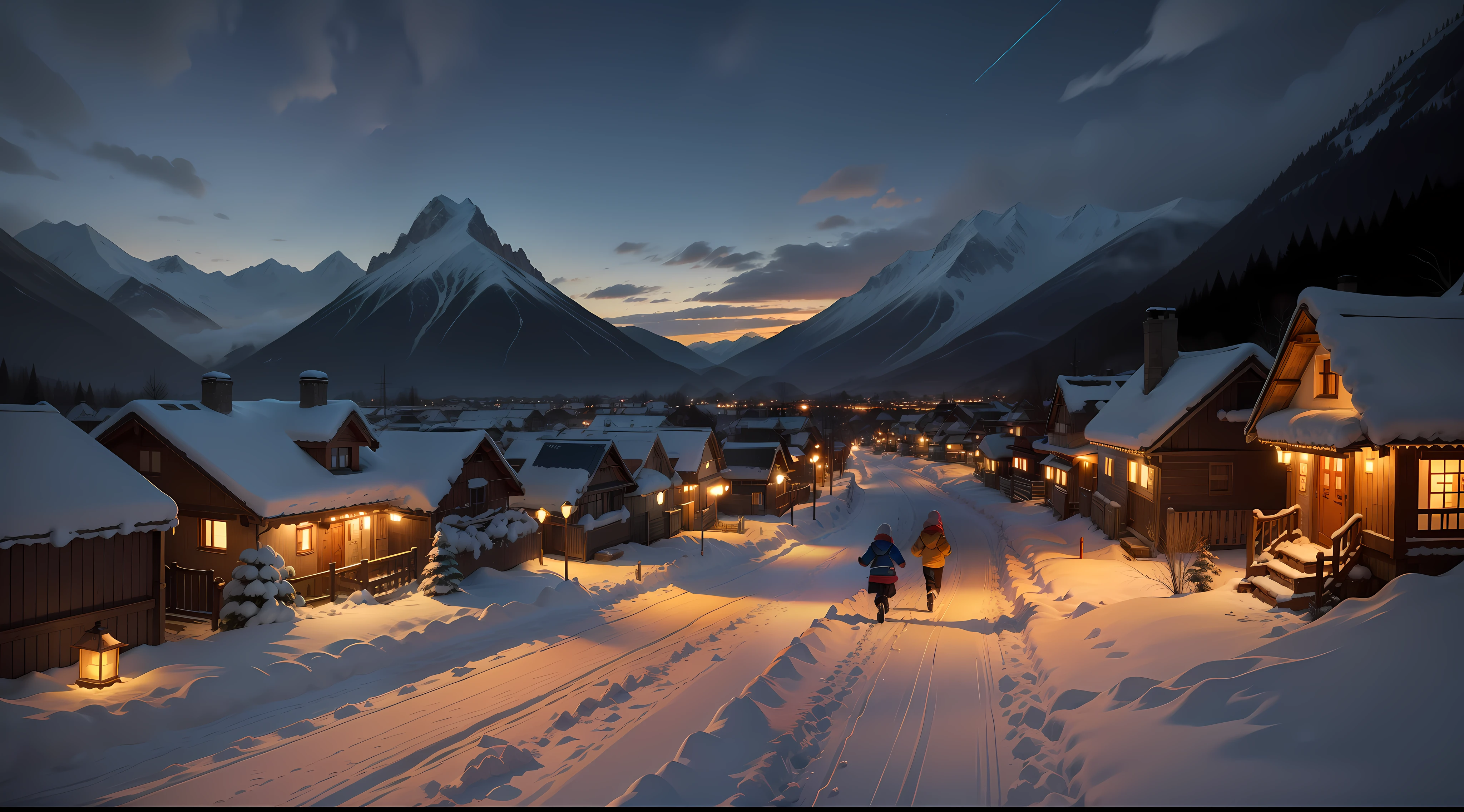 In the daytime, Small village surrounded by mountains, Every house is lit up, Lanterns hang outside, There is a path in the middle of the village, There are also two children running on the road with light snow in the sky anime