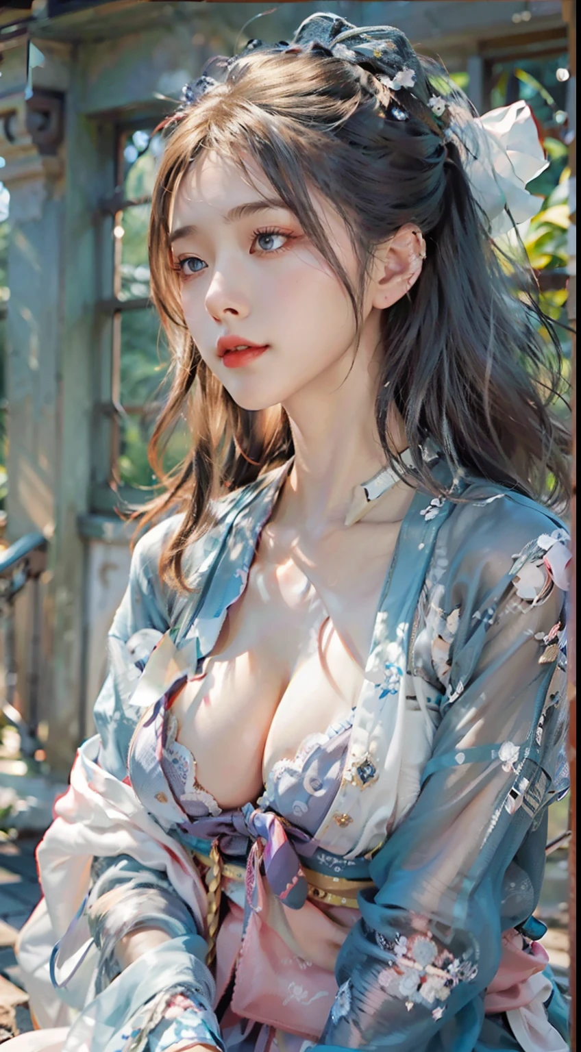 ulzang-6500-v1.1,(RAW photo:1.2), (Photorealistic:1.4), Beautiful Meticulous Girl, very detailed eyes and faces, Beautiful detailed eyes,  hugefilesize, ultra - detailed, A high resolution, The is very detailed，（（gigantic cleavage breasts，Yang beyond，））， （chiseled abs：1.1），（perfect bodies：1.1），（long whitr hair：1.2），（Silvery hair），Lace collar，full body shot shot，（（wearing a hanfu，White Hanfu，Lilac pattern）），（（Cardigan Hanfu）），（Very detailed CG 8k wallpaper），（Extremely refined and beautiful），（tmasterpiece），（best qualtiy：1.0），（超A high resolution：1.0），beautiful illumination，perfect lightning bolt，realistic shaded，[A high resolution]，Detailed skins， Hyper-detailing（（（a color））），high realistic