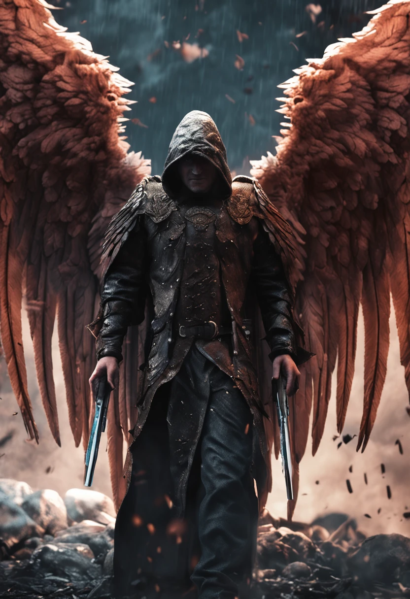 realistic, 4k, an angel with big wings, a sword, a hood over his head in the background image of a war (chaos)