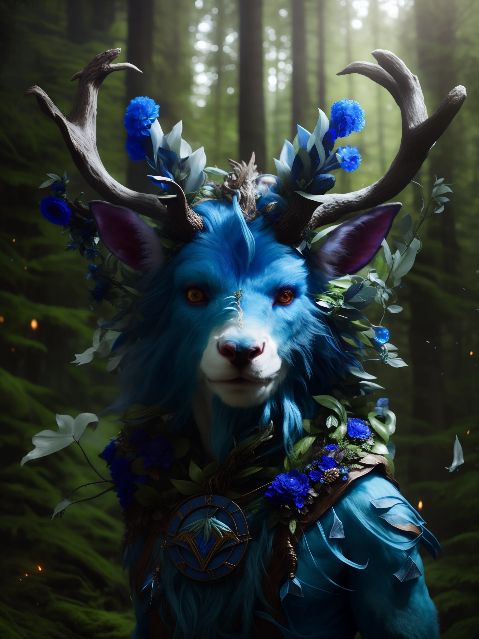 There is a blue animal with horns and a wreath on its head, Druid, hyperdetailed fantasy character, god of the forest, Portrait of a Forest Magician, 4 thousand. Fantasy Details, druid portrait, ArtStation 4K, Portrait of Zentaur, forest spirit, realistic fantasy render, dramatic cinematic detailed fur, Forest Soul, anthropomorphic deer