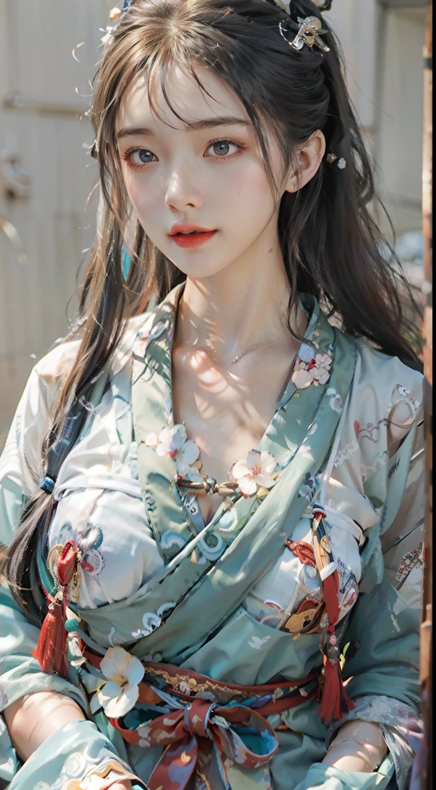 ulzang-6500-v1.1,(RAW photo:1.2), (Photorealistic:1.4), Beautiful Meticulous Girl, very detailed eyes and faces, Beautiful detailed eyes,  hugefilesize, ultra - detailed, A high resolution, The is very detailed，（（gigantic cleavage breasts，Yang beyond，））， （chiseled abs：1.1），（perfect bodies：1.1），（long whitr hair：1.2），（Silvery hair），Lace collar，full body shot shot，（（wearing a hanfu，White Hanfu，Lilac pattern）），（（Cardigan Hanfu）），（Very detailed CG 8k wallpaper），（Extremely refined and beautiful），（tmasterpiece），（best qualtiy：1.0），（超A high resolution：1.0），beautiful illumination，perfect lightning bolt，realistic shaded，[A high resolution]，Detailed skins， Hyper-detailing（（（a color））），high realistic