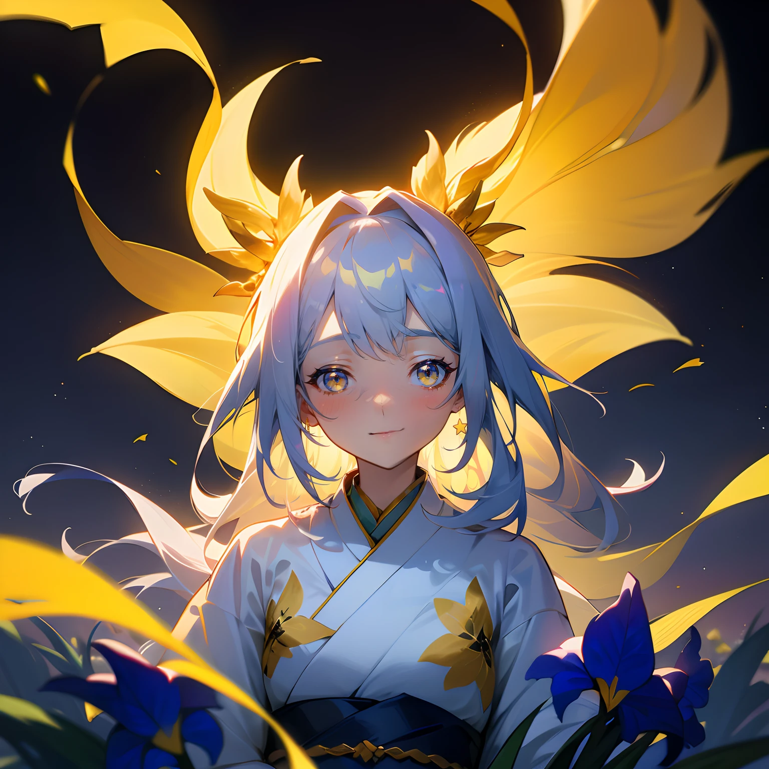 Colorful stars in the night sky々Shine With、Under it stood a girl。Her beautiful hair has colorful patterns woven in yellow and white.、Her aesthetic appearance is like a rainbow goddess。Behind her、Yellow flower irises in full bloom.、The sight was amazing.。With her happy face、The yellow and white kimono added to the sacred atmosphere.。「I believe」with the、She whispered sincerely.。