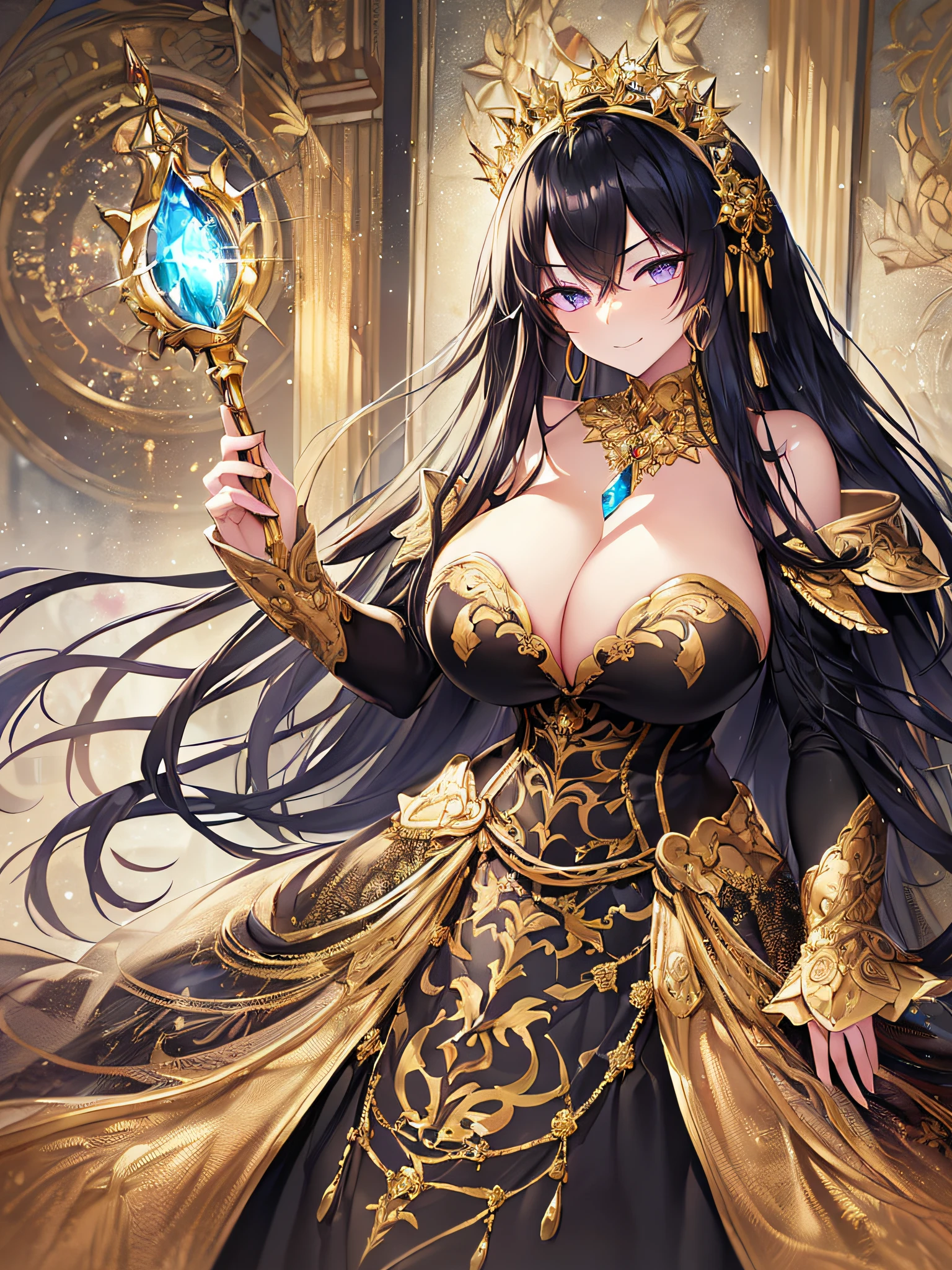 ((anime artstyle)),(Masterpiece),(Best Quality), (Super Detail),((Very Delicate and Beautiful)),(((Solo))),((full body portrait)),(((1 arrogant queen in beautiful embroidery black and gold gorgeous rococo princess ballgown with  voluminous full length hoop skirt))),gold trim,((crinoline)),gorgeousfull embroidery,Long train((arrogant,haughty)),(((arrogant smile))),Sharp eyes,(standing in the royal palace,holding a luxurious scepter),sunlight,((gorgeous gemstone jewelry)),detailed face and eyes,jewel-like eyes,Purple eyes,(Bangs between eyes),((large amount of straight hair,extremely Long voluminous black Hair)),((gigantic tits,Long tits)),gorgeousfull embroidery,cleavage,extremely gorgeousfull hair ornament,(bling-bling extremely gorgeousfull jeweled tiara),gorgeous corsage,(Dynamic Angle),Looking at viewer,(full body)),((beautiful  embroidery black and gold gorgeous rococo princess ballgown with voluminous full length hoop skirt))