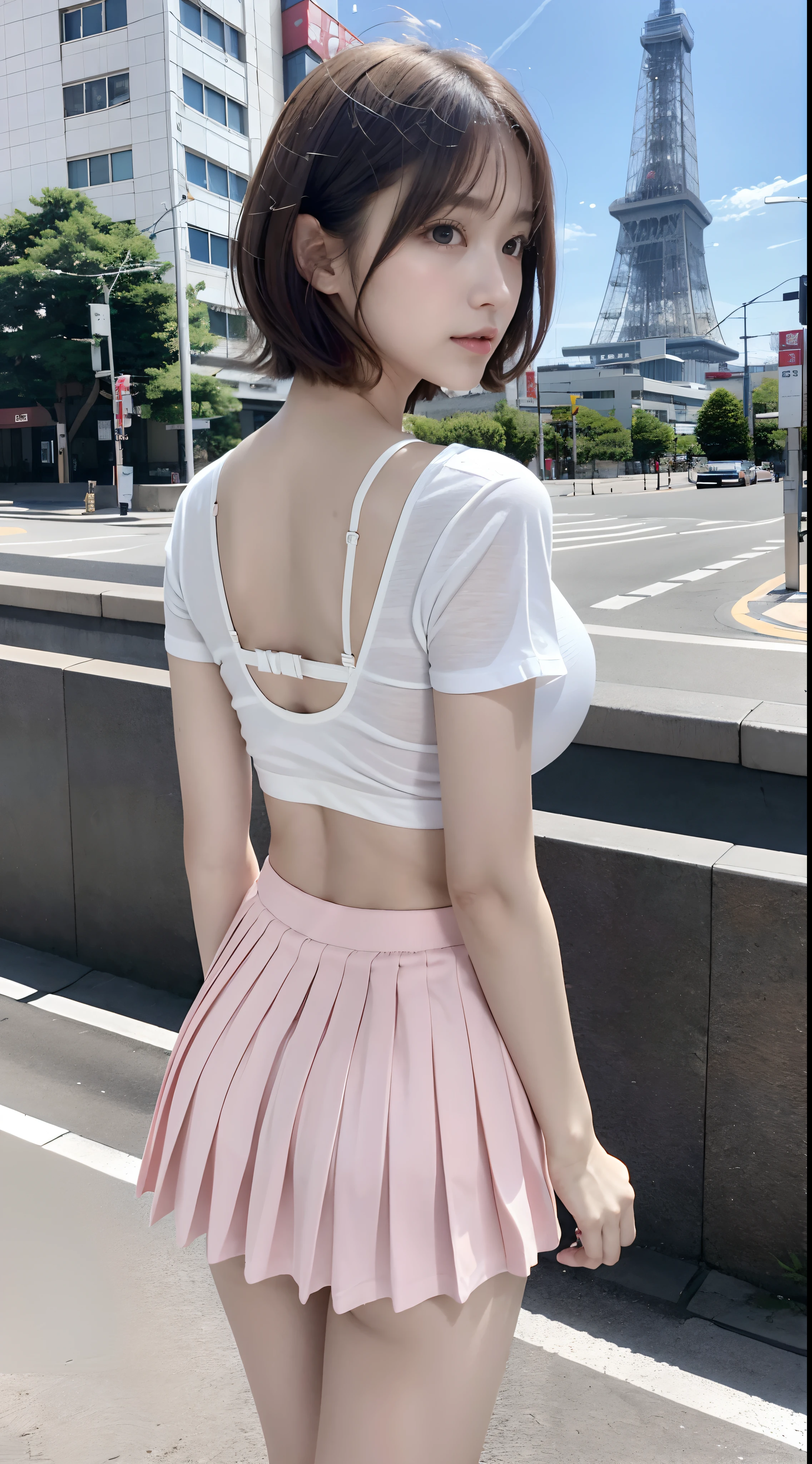 (4k, Highest Quality), (realisitic, Photorealistic), (Yakian),
1 Girl, Solo, (Attribution to viewers),
perfect hand, looking_al_viewer, fair face, Short hair, (Pretty breasts, cleavage:1.2),18 years-old、乃木坂アイドル、pornstar、韓国アイドル、gravure idol, s whole body,Pretty legs, Tight white t-shirt, Super mini pleated skirt, you can see panties, high-heel, Blurry Tokyo Tower background, Pink panties, Look from behind