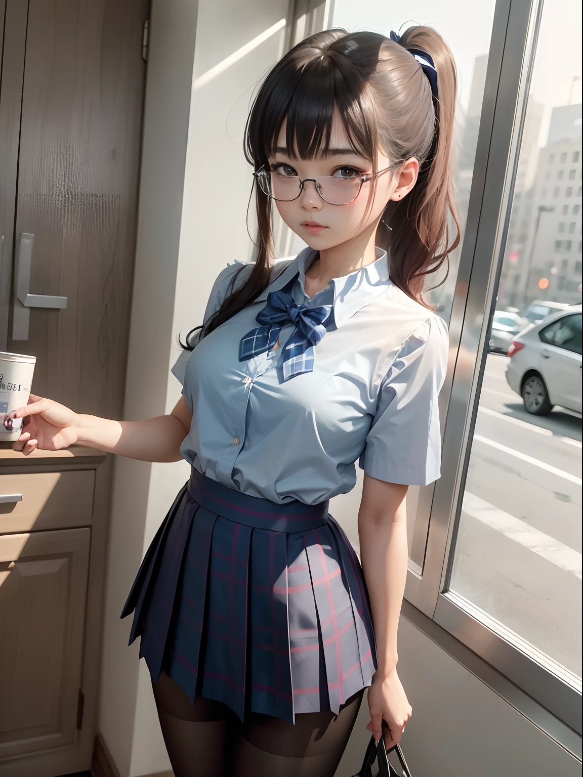 （8K、Raw photography、top-quality、​masterpiece：1.2),watching at viewers,Looking at the front,Short ponytail,Bullish,Muchimuchi,Erotic,Pupils,Light Blue Bra,de pele branca,kne,(Black pantyhose),absurderes,a small face,small tits,flat breast,Parting the bangs from the middle、Forehead visible,(be shy,Tight eyes,glares,Bullish,skinny,Rasping,irate)、​masterpiece,top-quality、超A high resolution,Raw photo,ren,Beautiful fece,One Person, 独奏,eye glass,,Small breasts,fullllbody,Round glasses、cute little、Back to Student,JK school uniform,hi-school girl,A Japanese Lady,is standing,（Photorealsitic：1.37）、Photon mapping,Realistic、Cute little face,Brown-eyed、Black socks、(Red bow tie)、Radio City、Physically Based Rendering、Foreground、depth of fields、Blurry background、a picture,The girls、Body,beauty legs, Long legs, Thin leg,Tie your hair into one strand on your chest,(Bangs are visible), hair, s lips, Blue_The eye, nosesoft,(Light blue shirt), (Navy and blue and white plaid pleated skirt), Knees are visible,Sheer clothing,, Thigh, Black cotton socks,Nogizaka Idol, 女優, Japanese ido