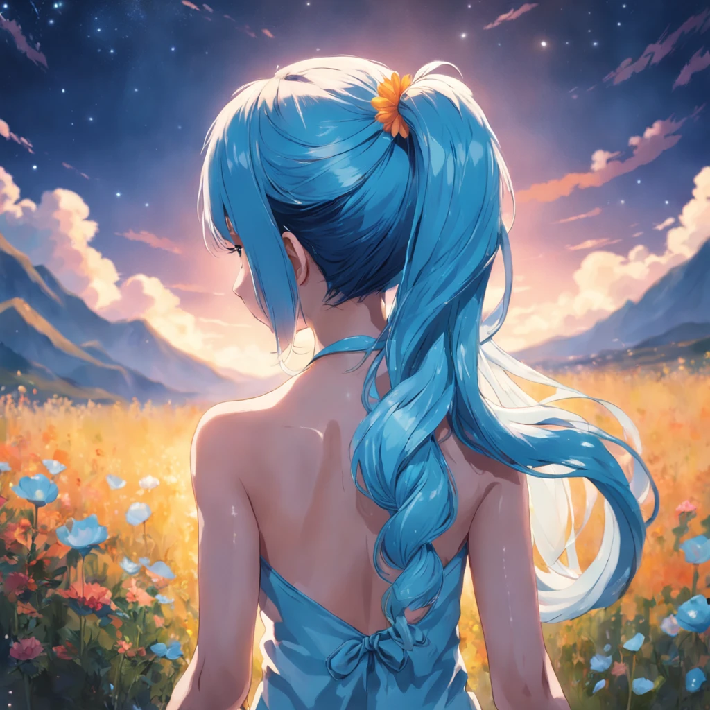 ''((back view photo)) of a young beautiful girl, with her ((light blue pony tail hair)) (ful body portrait), she is holding a magical bright flower, high resolution image, 4K, magical landscape,