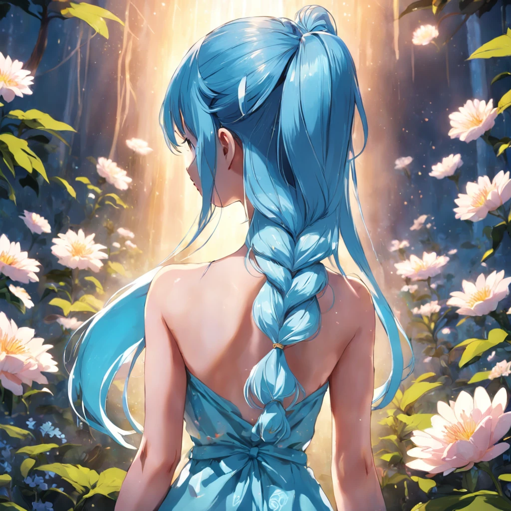 ''((back view photo)) of a young beautiful girl, with her ((light blue pony tail hair)) (ful body portrait), she is holding a magical bright flower, high resolution image, 4K, magical landscape,