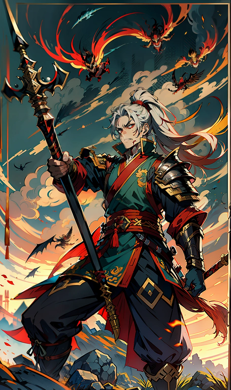 1boys， blood in face， irate， With a spear， （fly）， Chinese mythology， The cloudy， Detailed sky， abstract backgrounds， （Flame_Surge_Style：0.5），demonic third eye，Hair coiled，hair in a ponytail，Dressed in armor，Strong body，Tall，Spear in hand，The body is suspended in the sky，