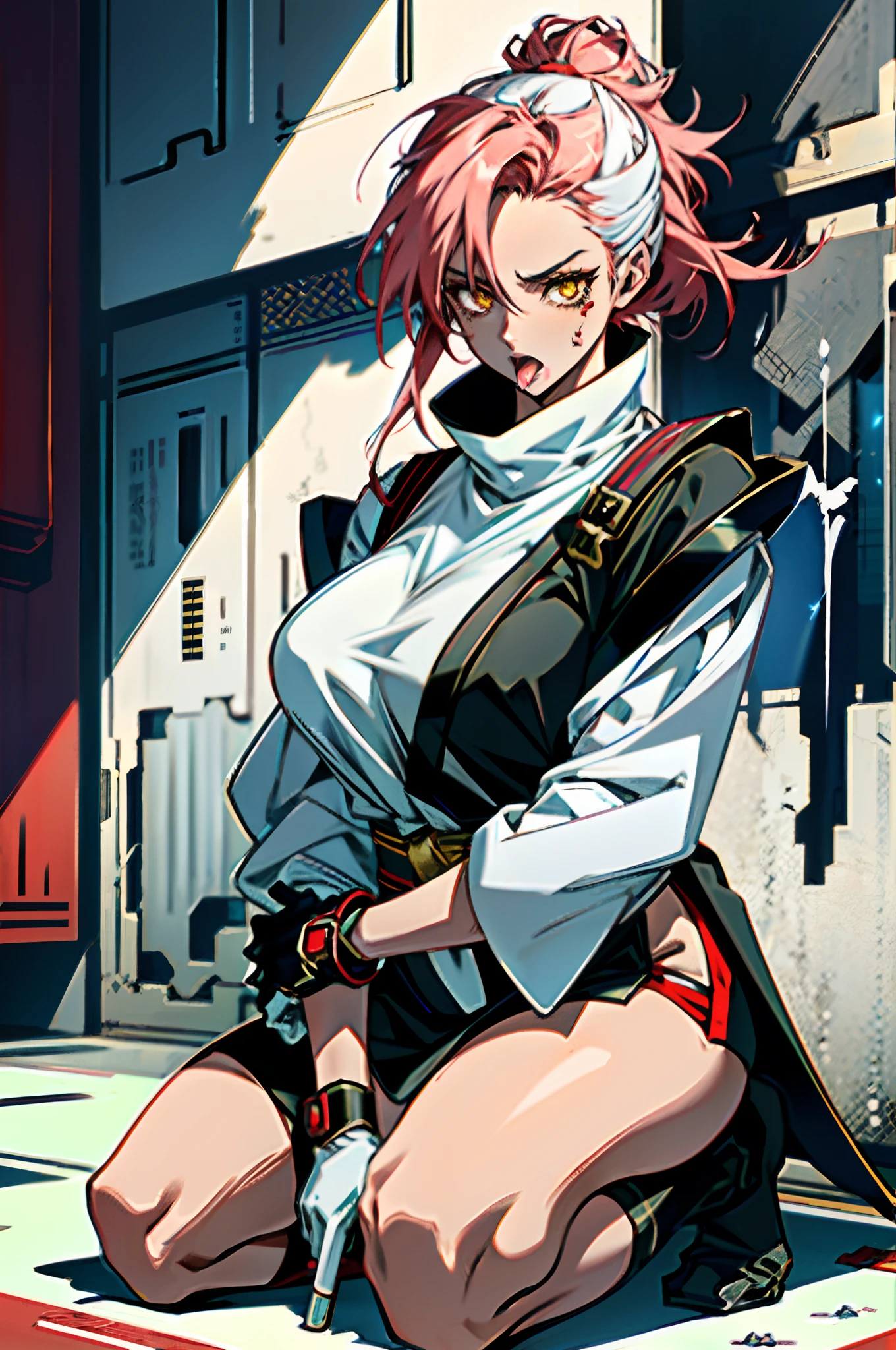 Anime girl and red and white background, an oppai cyberpunk, Biomechanical OPPAI, style of anime4 K, seductive anime girls, Best anime 4k, Inspired by Masamune Shirow, Badass anime 8 K,Anime - a stylistic image of a woman,White color blouse,Black skirt and red apron, Katana Zero video game character, Anime Gothic Girl, Vampires, Main character, Female protagonist,Yellow glowing eyes,black sash,long black gloves,Black and red scarf,8K,musculature,Hair tied up,robotic hand,Mermaid line,musculature,Hold on to the wall,Ambiguous eyes,shadowing,Be red in the face,huge tit,over knee socks,open open mouth,Stick out her tongue, dropping saliva,Powder-white popsicles,Melted popsicles,Hair tied up,Long tongue,Single horsetail,The melted popsicle falls on the chest,Suck on popsicles,love heart,Place your hands on your chest,Plenty of liquid,White liquid,red tinted hair,tear-mole,Exhale the mist,Sweating profusely,sexyposture,kneeling on a bed,Face the audience,The body faces the audience,tiese,Black vest,Pink white skin,Black stroke,The light source comes from above,Oral sex