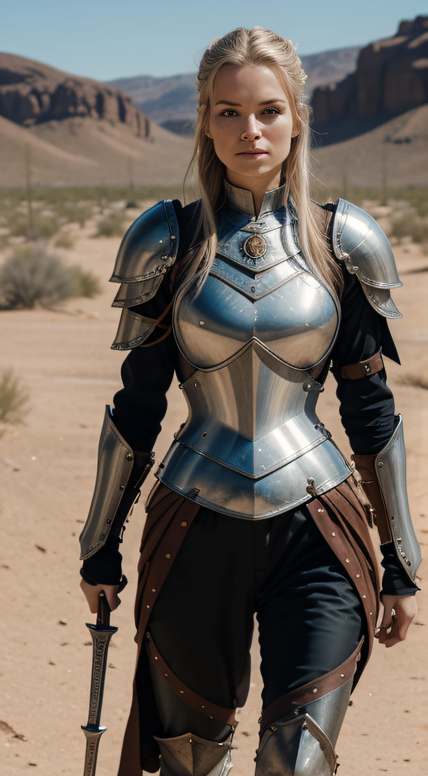 nordic woman (knight, holding a spear, on a desert place), looking at viewer, wearing a leather pants, cuirass, gorget, pauldron, couter, vambrace, gauntlets, cuisses, greaves, sabatons, poleyn, tasses, plackard, rerebrace, breastplace, faulds, scabbard, gardbrace, shoulder armor, HDR