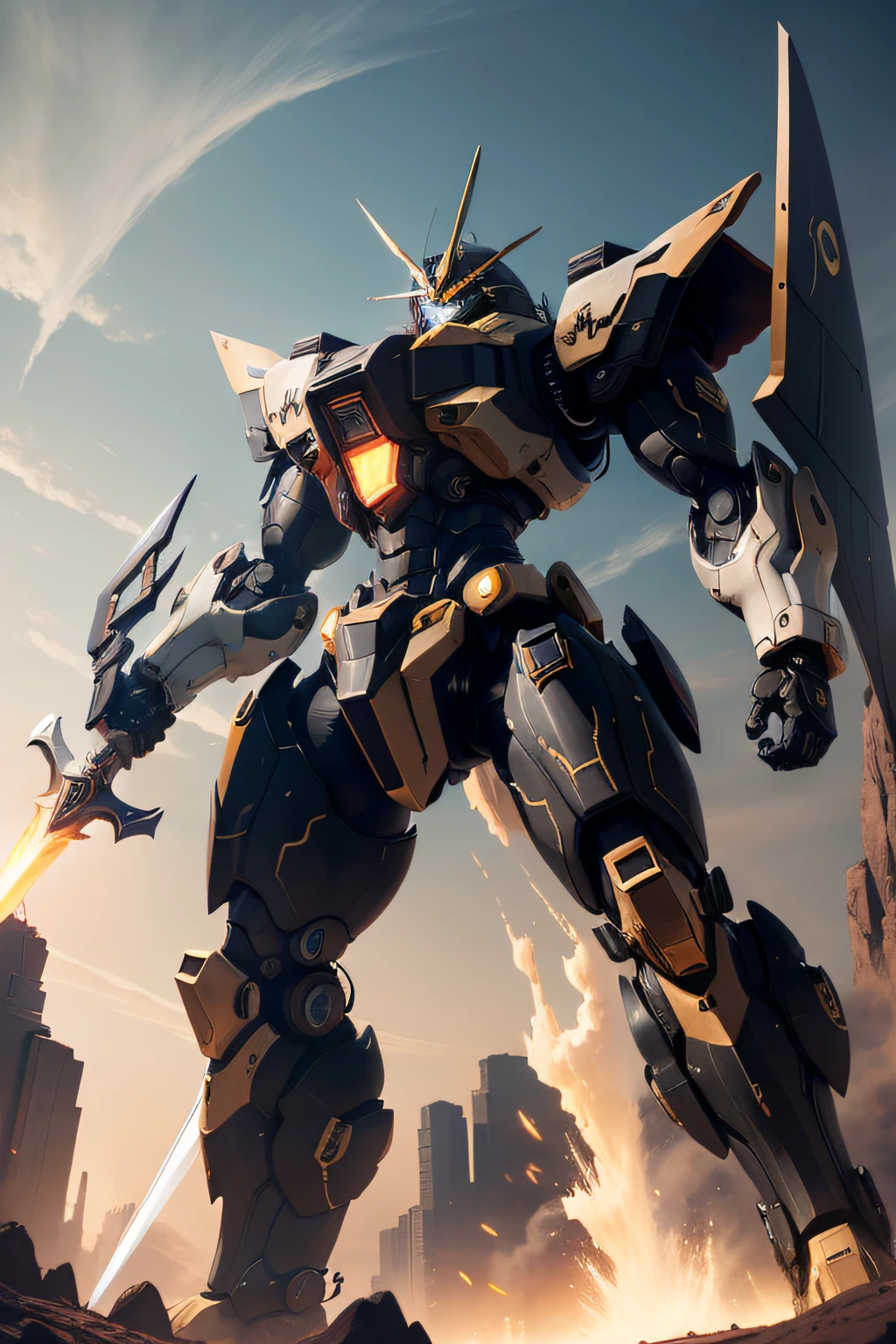 Black Gold Mecha Ultra Details Flying in the Sky with a Giant Sword in Hand, Eyes Glowing Up Close