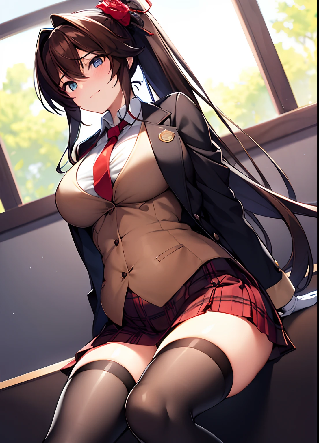 masterpiece, best quality, realistic, photorealistic, great lighting, ultra-detailed, dynamic angle, perfect face, (bright lighting:1.2),beautiful detailed eyes, extremely detailed face, perfect lighting,

1girl, darkbrown twintail hair, glasses, clothes about to come off,

high school uniform, pleated skirt, stockings, pumps shoes,

On all fours, butt facing, lift up one's skirt, campus, 

sweaty, wet body, navel out, thighs out, buttocks, large breast, slim, slender, translucent, Embarrassed expression, blush, ((White panties, cameltoe)),

White panties, camel toe, spread legs, bare clothing, blushing, sweaty, transparent clothing