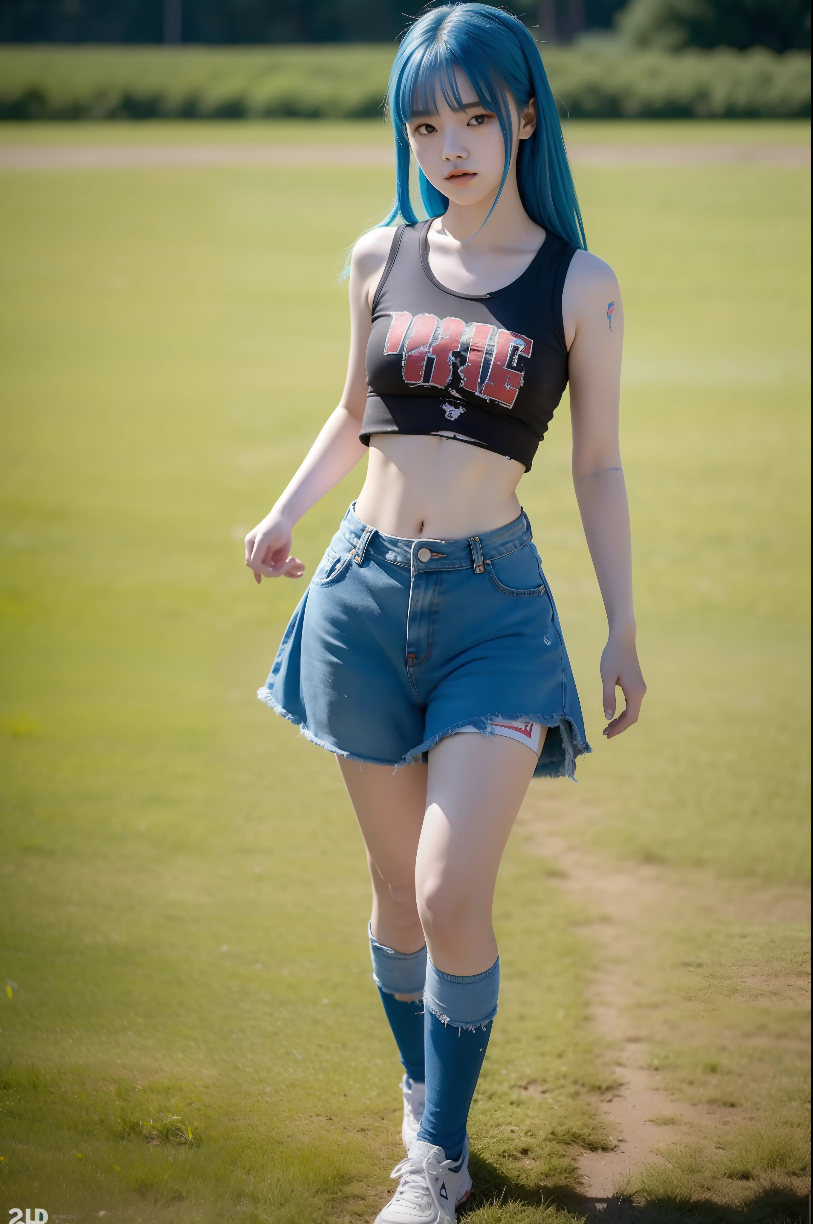 "Full body view of 18 years old Kim Chaewon as a young girl in a tattered and rotted clothing, with blue hair. She is standing confidently on a field, with a slight exposure of her midriff and a petite figure. The photo is captured in UHD 4K, exhibiting exquisite details."