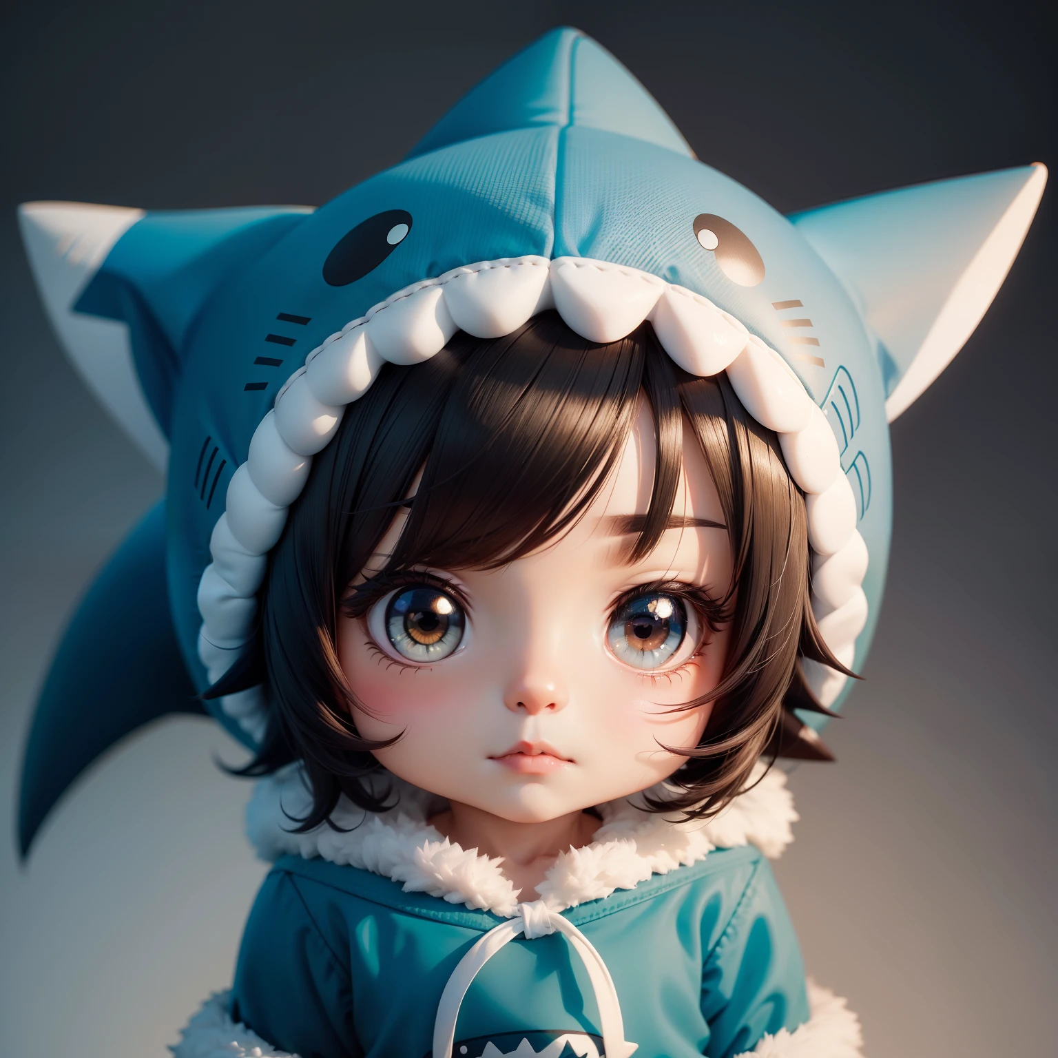 hightquality,Masterpiece, Chibi, nendoroid, Mega Mini, Shark hat, Shark hats have no ears, No ears, Shark tail, Shark costume, A dark-haired, Hairstyle Bob,