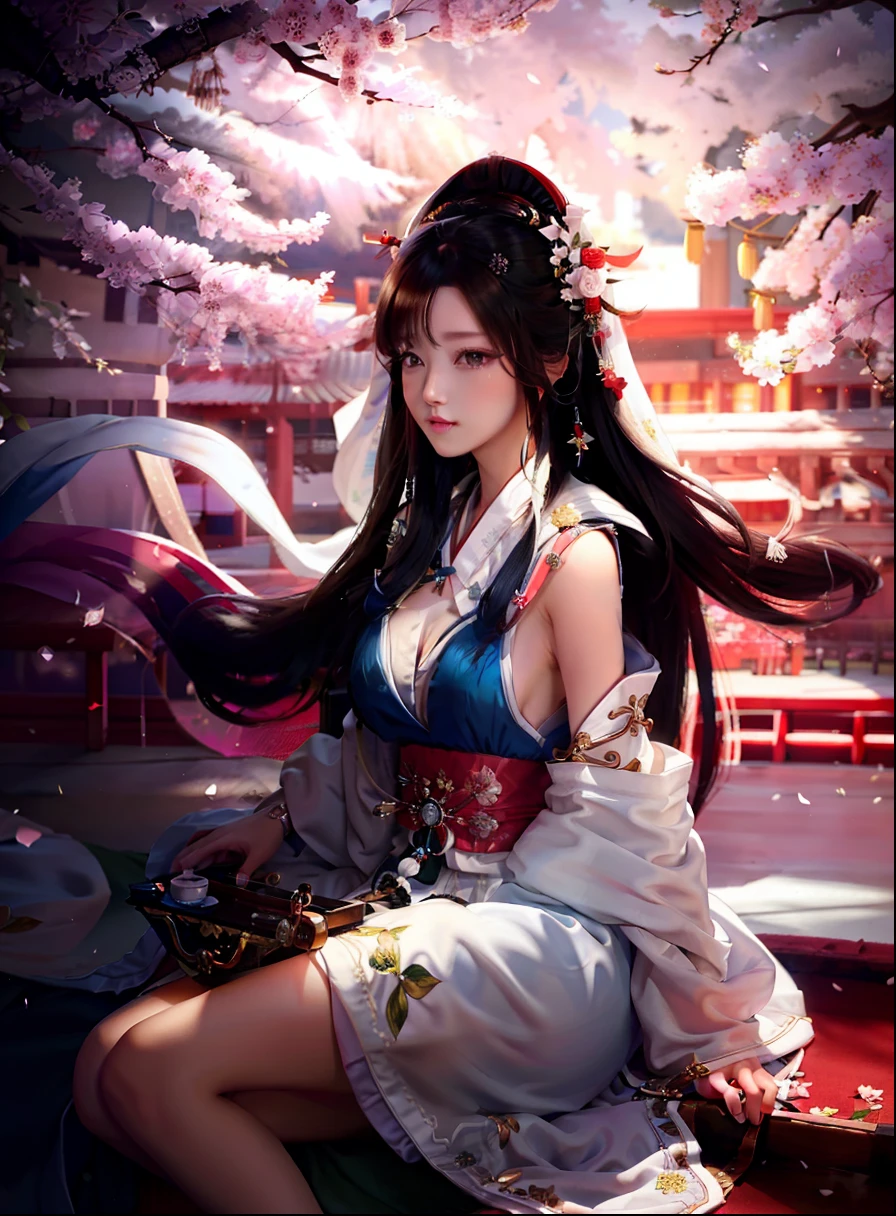 Beauty close-up，A girl in a white dress sat down，Hanfu，flowing hair and long robes，full bodyesbian，4k高清，In the daytime，The characters are clear