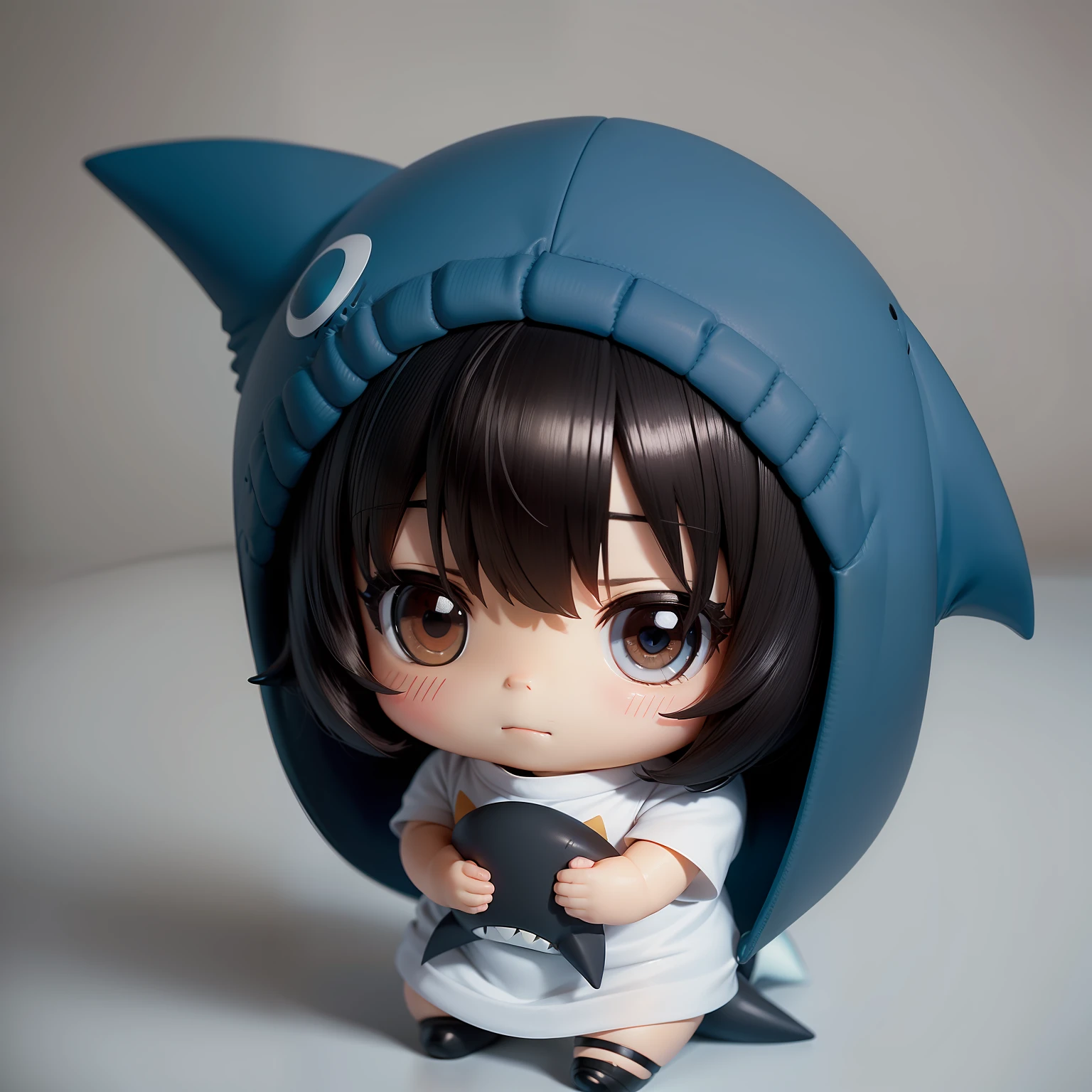 hightquality,Masterpiece, Chibi, nendoroid, Mega Mini, Shark hat, Shark hats have no ears, No ears, Shark tail, Shark costume, A dark-haired, Hairstyle Bob,