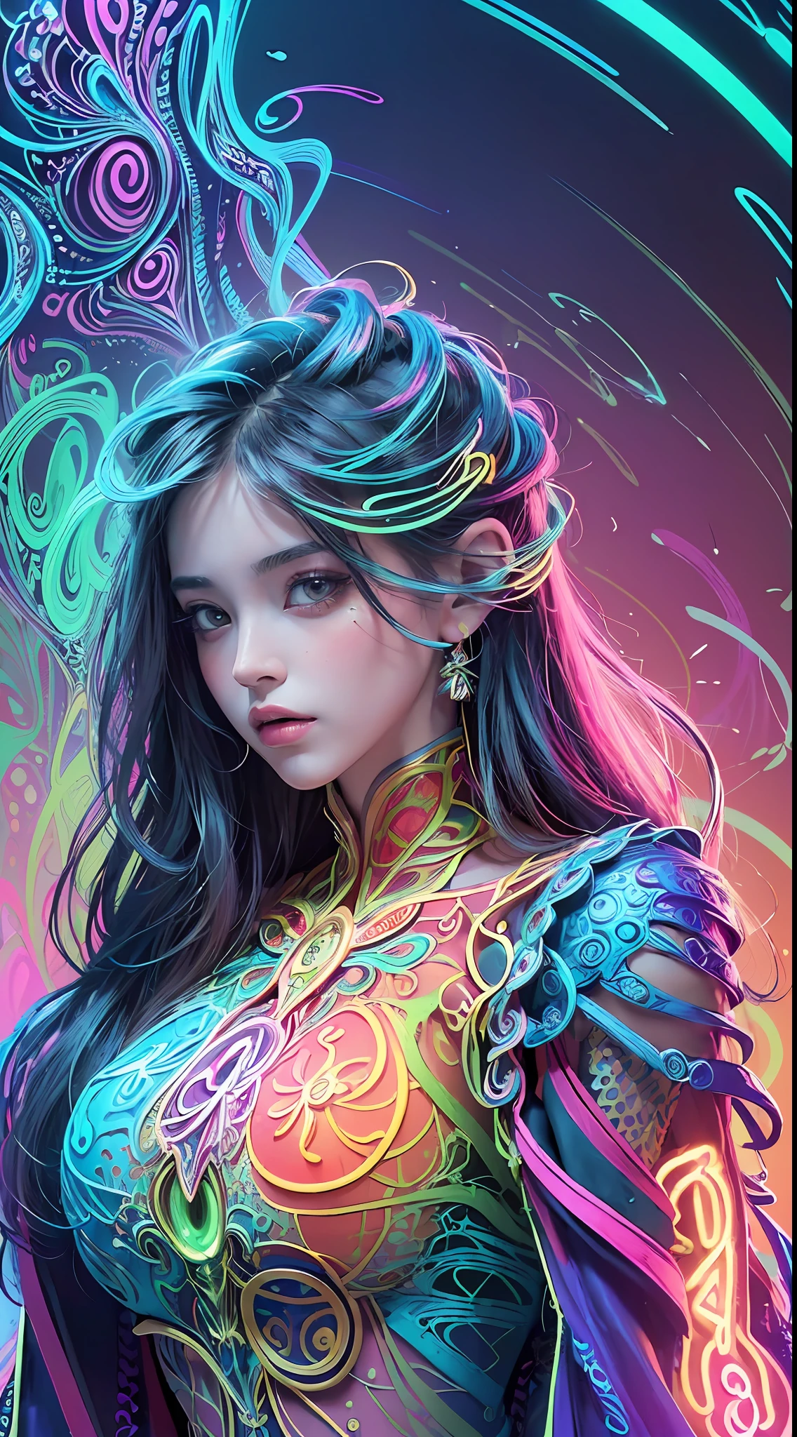 (masterpiece, top quality, best quality, official art, beautiful and aesthetic:1.2), (1girl:1.3), extremely detailed,(fractal art:1.2),colorful,highest detailed,( zentangle neon:1.2), (dynamic pose), (abstract background neon:1.5), (treditional dress:1.2), (shiny skin), (many colors:1.4), upper body ,Neon,16K,Full HD