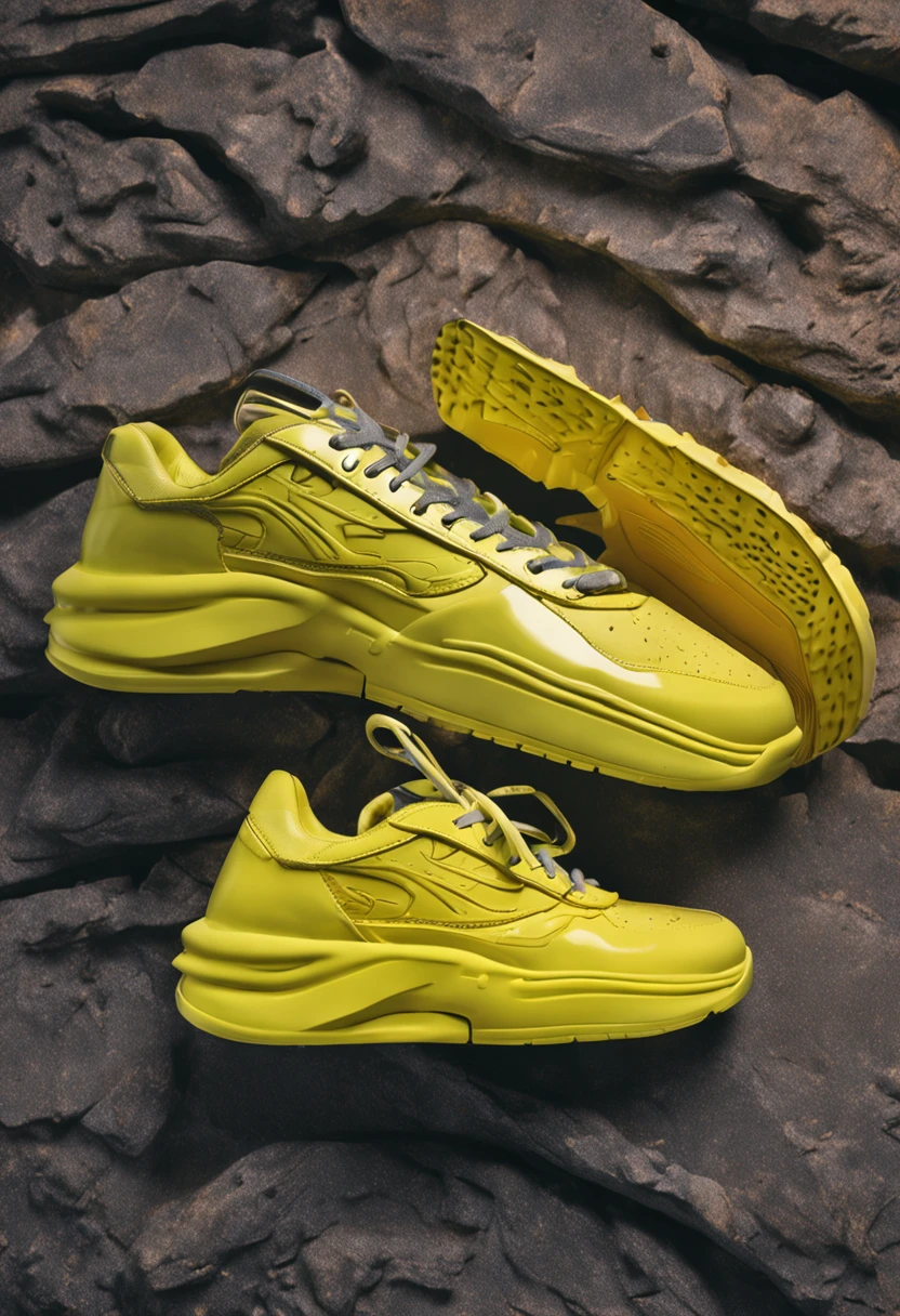 "(Product photography:1.2) showcasing a (1.1x vibrant yellow) individual sneaker with a (1.1x sleek cyberpunk) aesthetic."