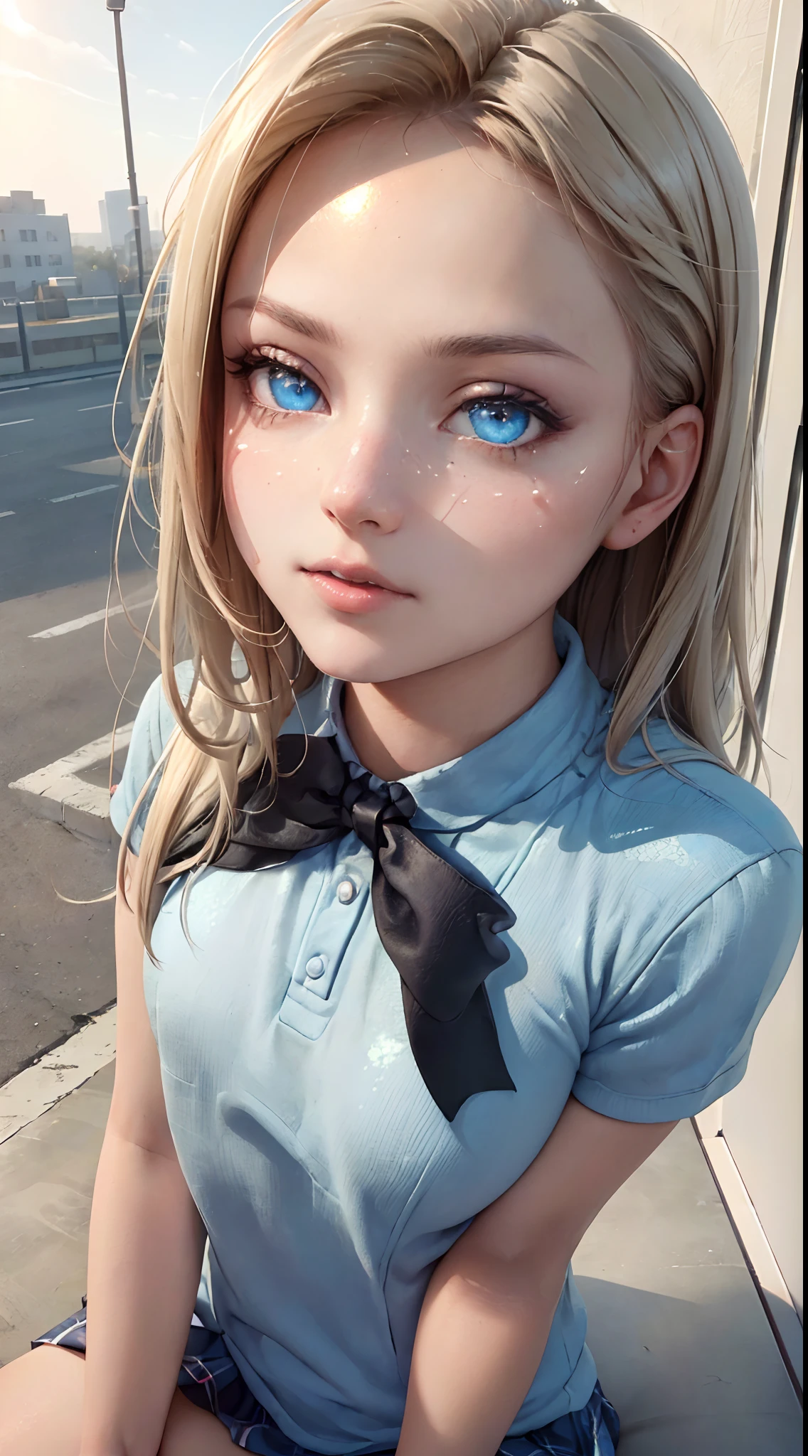 (((8k, top quality, masterpiece, uhd, perfect hand, perfect anatomy, perfect eyes, blue iris))) 1girl, blonde hair, school uniform, sitting on a bench, waiting for the bus, bus station, city background, perfect eyes, perfect hands, ultra high res, cinematic angle, professional lighting, best quality, masterpiece, sidelighting, sharp, perfect focus, bokeh, photorealistic, (finely detailed beautiful eyes: 1.3), realistic, (3d face:1.1), (lustrous skin:1.5), (ultra high res intricate face details), (face skin pores:1.3), ultra high res cloth texture, 4k eye details, 4k pupils,