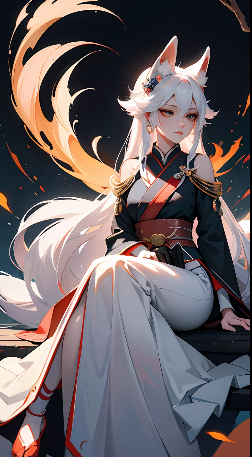 Drawing of a fox with white hair sitting on a branch, ethereal fox, nine-tailed fox, fox three-tailed fox, onmyoji detailed art, nine-tailed, beautiful artwork illustration, mythological creature, fox, beautiful Digital artwork, exquisite digital illustrations, mizutsune, inspired by mythical creatures Wildnet, digital art on pixiv, strong light, high contrast, horror movie theme, dark atmosphere