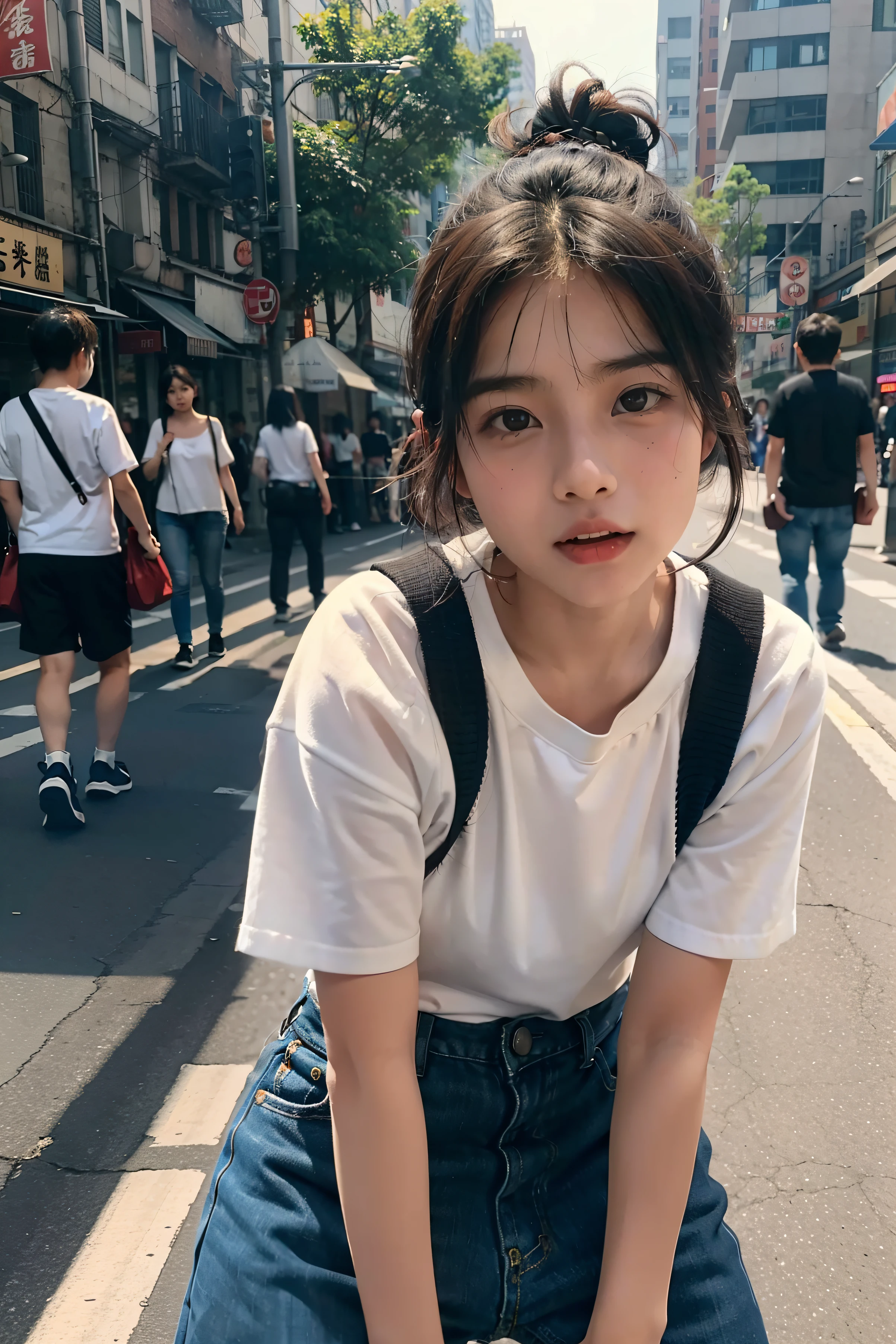 small tits Asian tomboy girl, sex in the crowded street, childish face, in public,