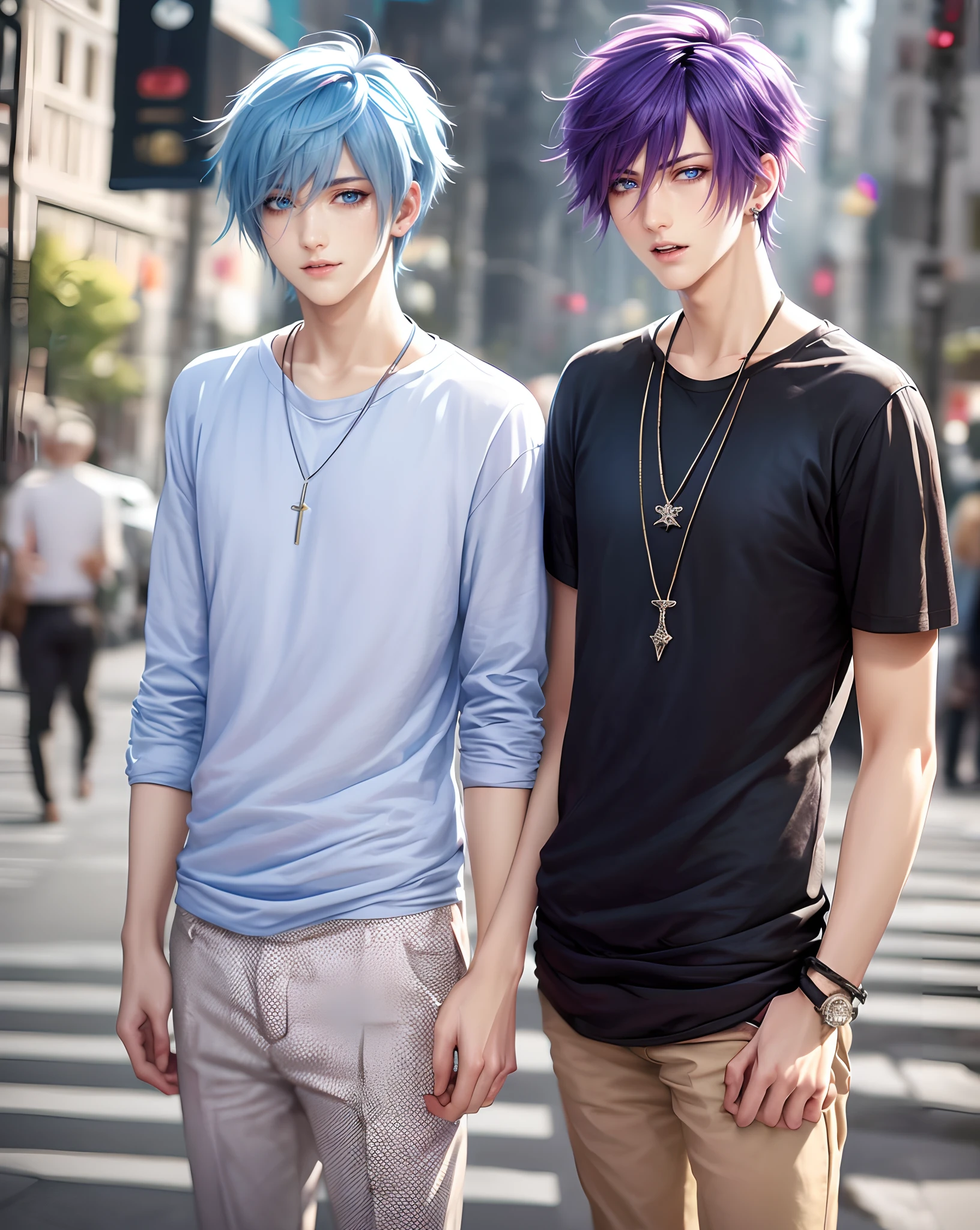 ​masterpiece, top-quality, 2Others, Male couple, 1 man and 1,, Adults, Height difference, different fashion, different color, finely eye and detailed face, intricate detailes, Casual clothing, Oversized shirt, Modern urban streets, A smile, Happiness, tenderness, queers, Boys Love, high-level image quality、 selfee, Two beautiful men、tall、The upper part of the body、nightfall、nighttime scene、𝓡𝓸𝓶𝓪𝓷𝓽𝓲𝓬、Korean Male, Idol Photos, k pop, Professional Photos, Vampires, Korean fashion in black and white, Fedoman with necklace, inspired by Sim Sa-jeong, androgynous vampire, :9 detailed face: 8, extra detailed face, detailed punk hair, ((eyes are brown)) baggy eyes, Seductive. Highly detailed, semi realistic anime, Vampires, hyperrealistic teen, delicate androgynous prince, imvu, short hair above the ears, Man with short hair, With a purple-haired man with a wild expression, Man with light blue hair with gentle expression, ((With a short-haired man with bright purple hair)), ((Man with light blue hair))