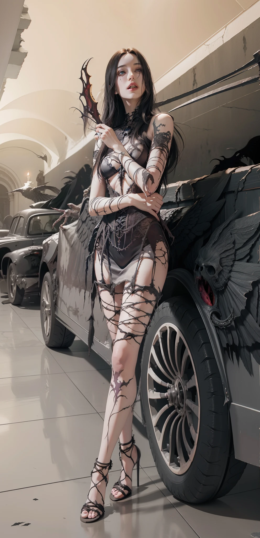 Fine matte painting, skeleton dark angel big wings haunted castle on drawing table full of knives, horror, spookiness, scary, secret horror, tentacles, vines, eyes, uncanny valley effect teeth, limbs, animals, blood moon，