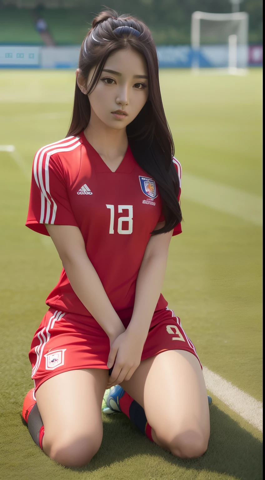 ((full body)), (8K, Best Quality, masterpiece), (Realistic, Photorealsitic), of the highest quality, masterpiece, Beautuful female, adult female, K-pop idol, (((Korea national soccer uniform))), (((red uniform))), (((in the soccer field))), Small bust, slender, straight black hair,