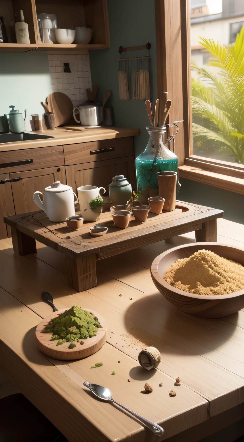 table with various ingredients scattered, alho, anis estrelado, pau de canela, condimentos, small loose grains, colher de pau, five pots with colored powders, pestle, galhos de alecrim, loose oil capsules, vidro de azeite