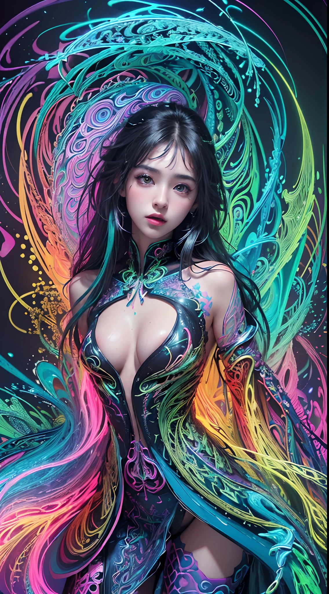 (masterpiece, top quality, best quality, official art, beautiful and aesthetic:1.2), (1girl:1.3), extremely detailed,(fractal art:1.2),colorful,highest detailed,( zentangle neon:1.2), (dynamic pose), (abstract background neon:1.5), (treditional dress:1.2), (shiny skin), (many colors:1.4), upper body ,Neon,16K,Full HD