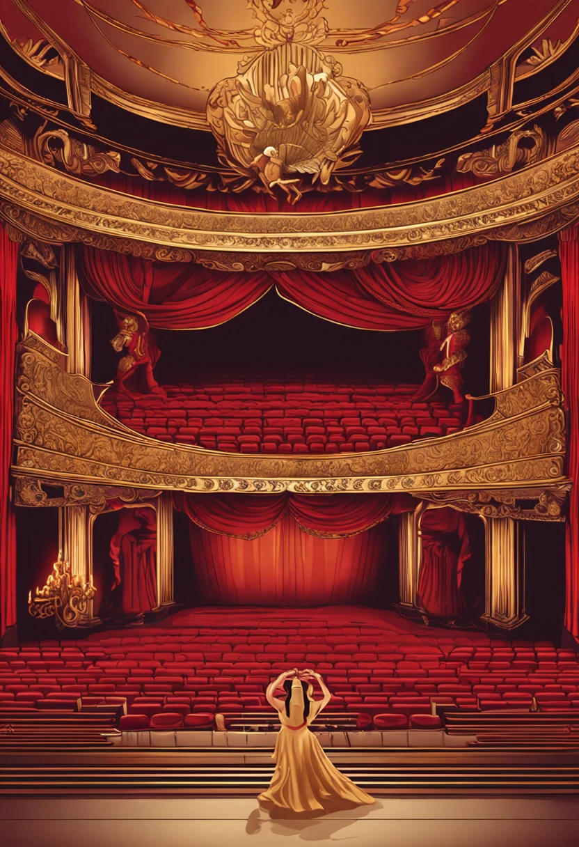 Inside the luxurious theater,A group of female dancers wearing masks are dancing,Some well-dressed visitors sit inside the theater to admire,The scene depicts an atmosphere of extravagance,Red curtain,Gold ornaments。