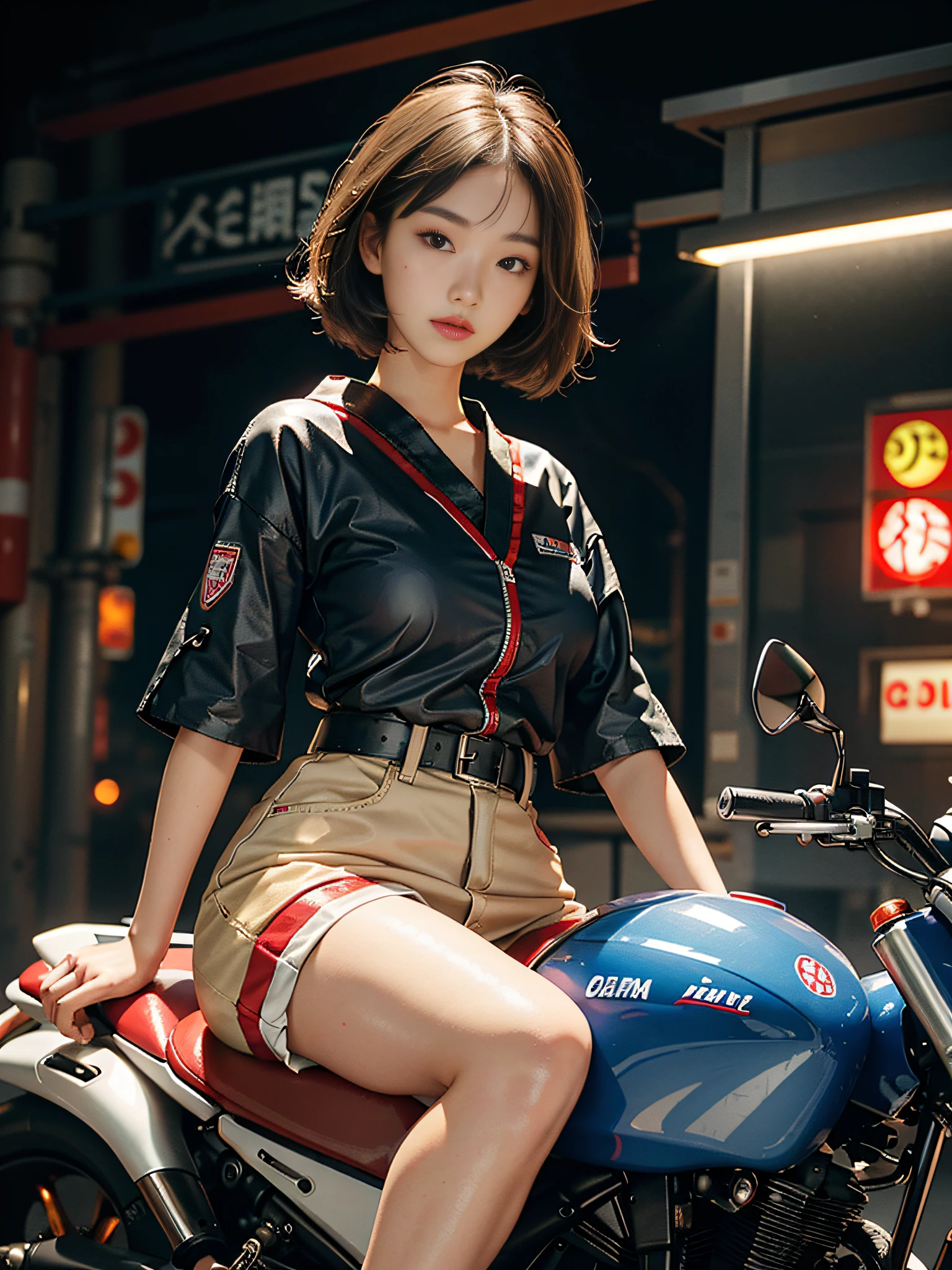 Highest image quality, excellent details, Ultra-high resolution, (Realism: 1.4), The best illustrations, favor details, Highly condensed 1girl, japanes, , Brown hair shortcut, with a delicate and beautiful face, Dressed in red, blue and white, holding a directional controller, riding on motorcycle, the background is a high-tech lighting scene of the futuristic city. Colorful neon lighting,