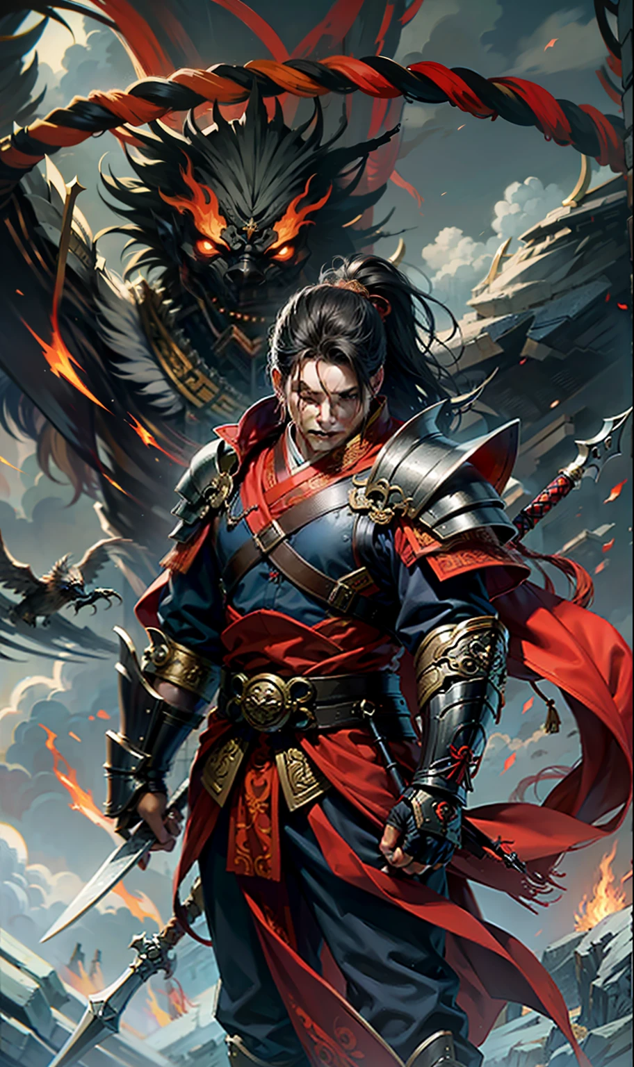 1boys, blood in face, irate, With a spear, (Fly), Chinese mythology, The cloudy, Detailed sky, abstract backgrounds, (Flame_Surge_Style:0.5),demonic third eye,Hair coiled,hair in a ponytail,Dressed in armor,Strong body,Tall,Spear in hand,The body was suspended in the sky,