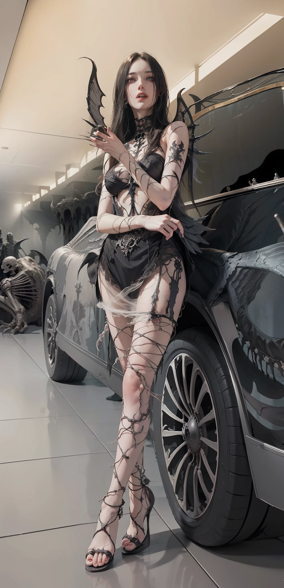 Fine matte painting, skeleton dark angel big wings haunted castle on drawing table full of knives, horror, spookiness, scary, secret horror, tentacles, vines, eyes, uncanny valley effect teeth, limbs, animals, blood moon，