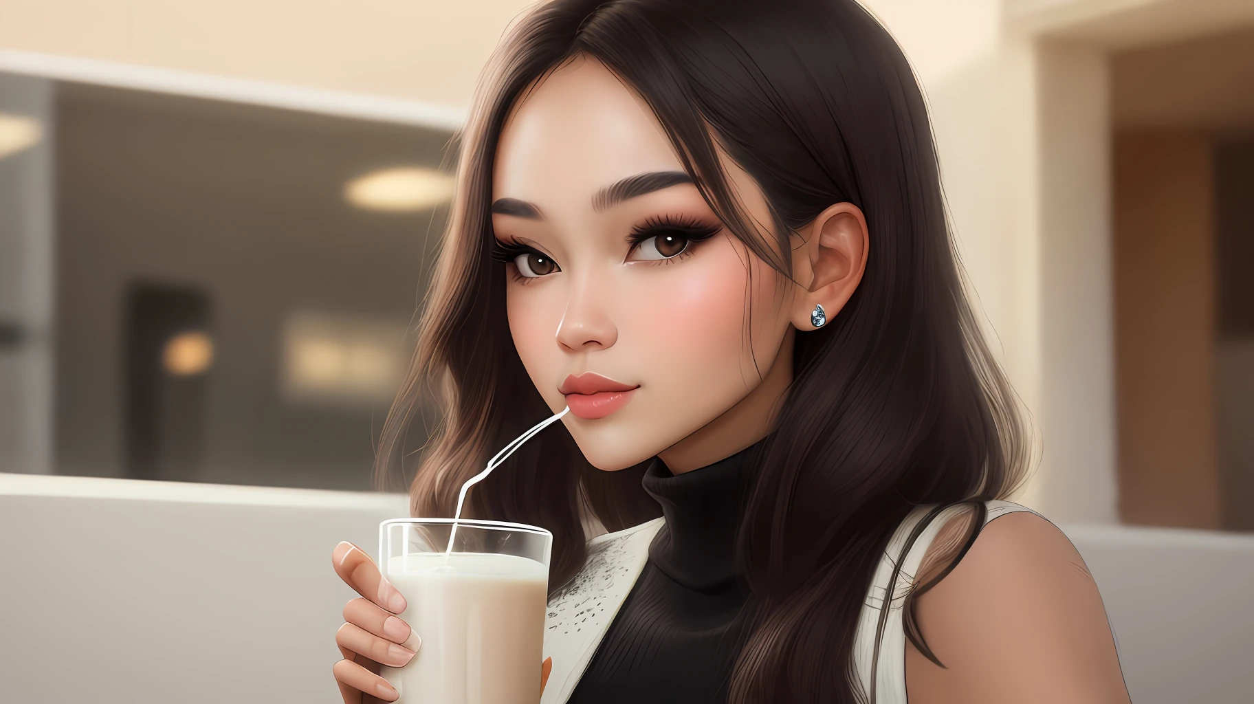 The beauty has soy milk on her lips