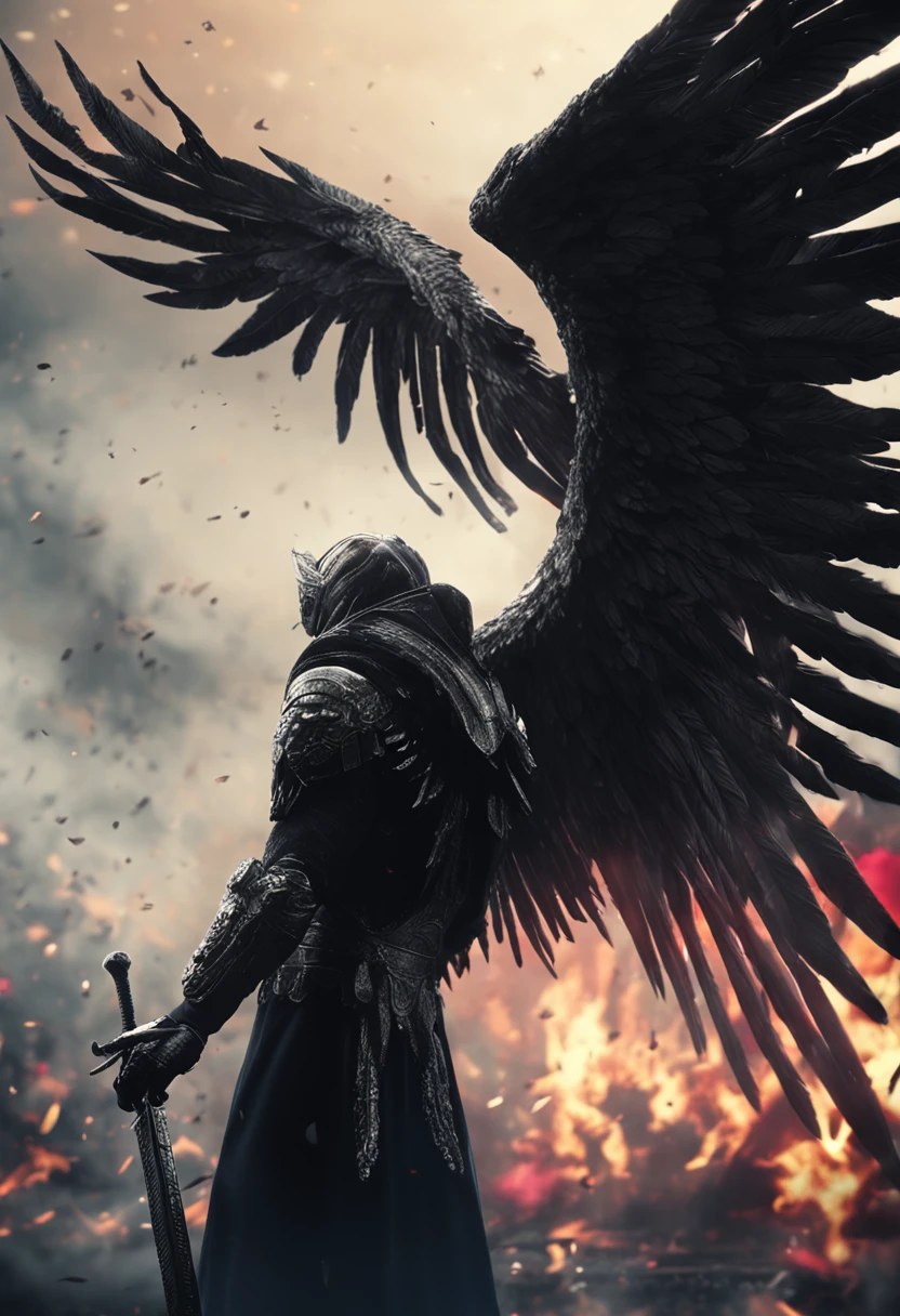 realistic, 4k, an angel with big wings, black clothes, a sword, a hood over his head in the background image of a war (chaos)