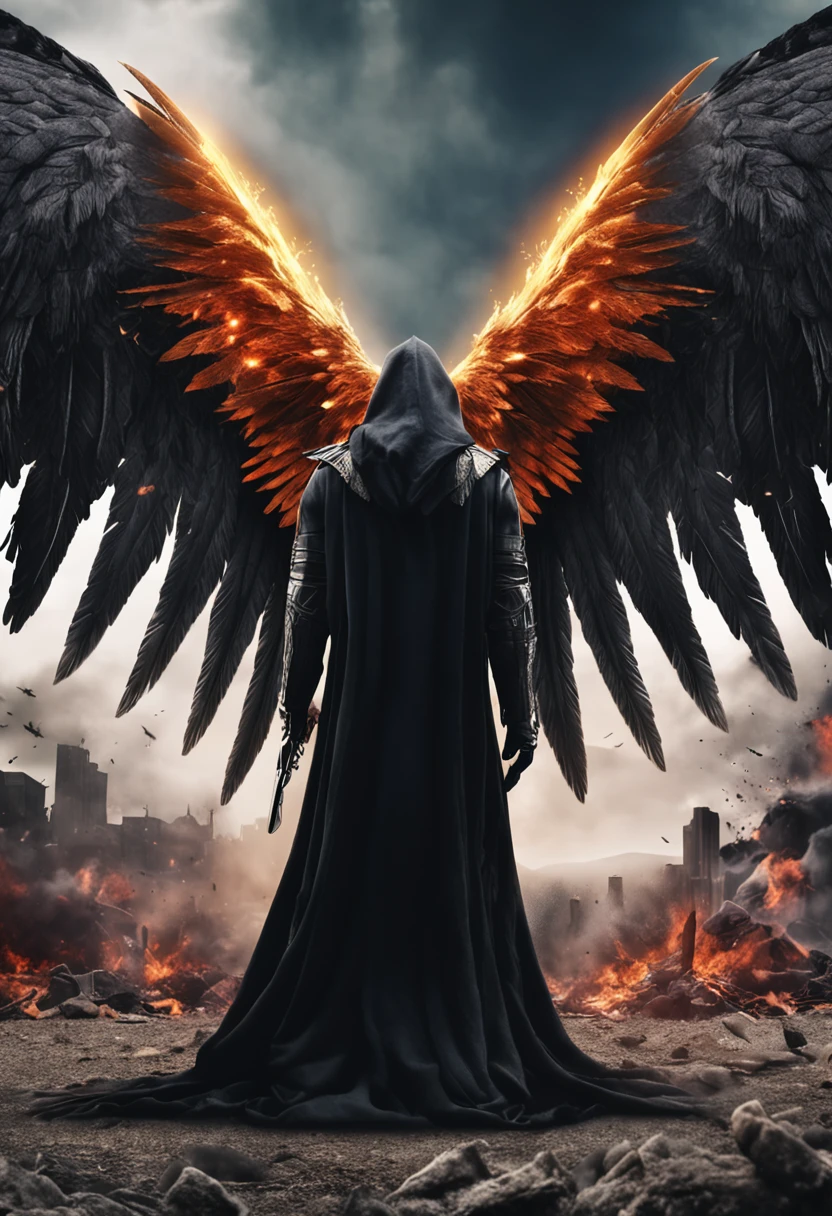realistic, 4k, an angel with big wings, black clothes, a sword, a hood over his head in the background image of a war (chaos)