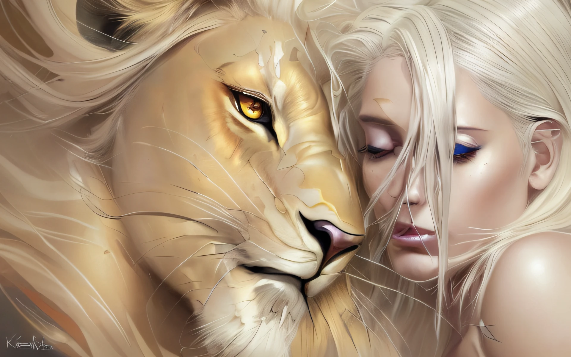 An amazing woman, very beautiful, perfect face, white hair, blue eyes, sexy posing with a lion