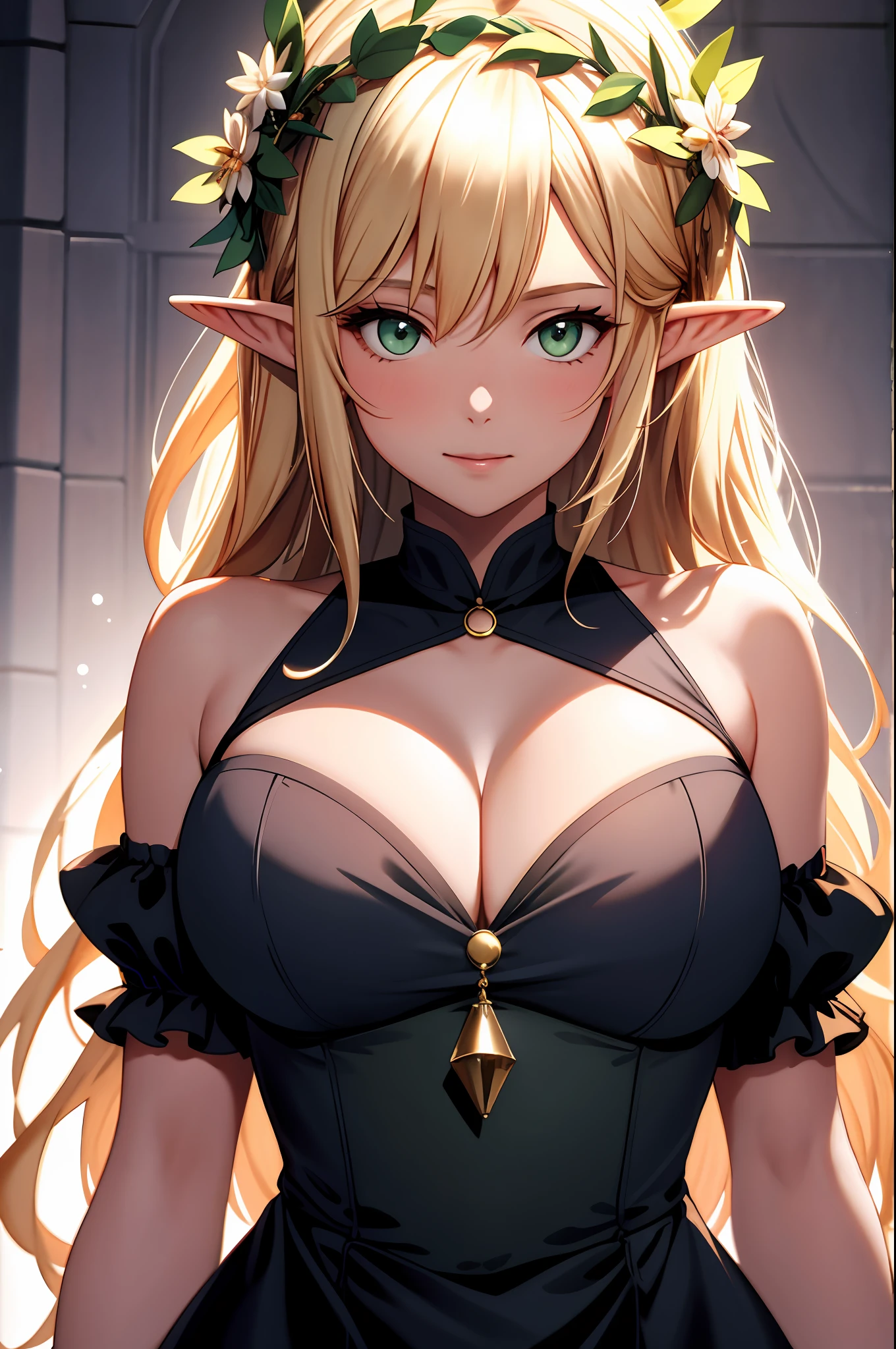 1girll,  shoulders, Blonde hair, Blush, , circle of the crone, cleavage, Closed mouth, dress, elf, Green eyes, head wreath, , laurel crown, Long hair, view the viewer, O-ring, O-ring top, Pointy ears, Simple background, Solo, Upper body, White background, White dress,celestine lucullus,Realistis,(Shiny skin),(Masterpiece:1.4),(Best quality:1.4)