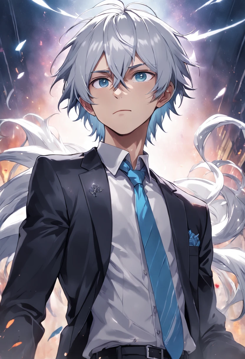 Born with long silver-white hair, well-proportioned figure, light blue pupils, height 181cm, playful expression, 20-year-old young man, wearing a strong suit, wanton posture, and staring