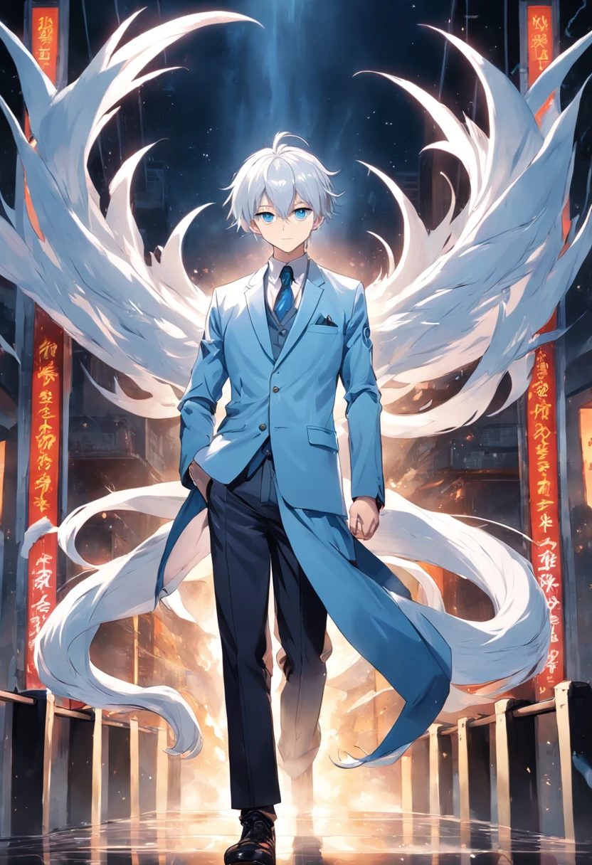 Born with long silver-white hair, well-proportioned figure, light blue pupils, height 181cm, playful expression, 20-year-old young man, wearing a strong suit, wanton posture, and staring